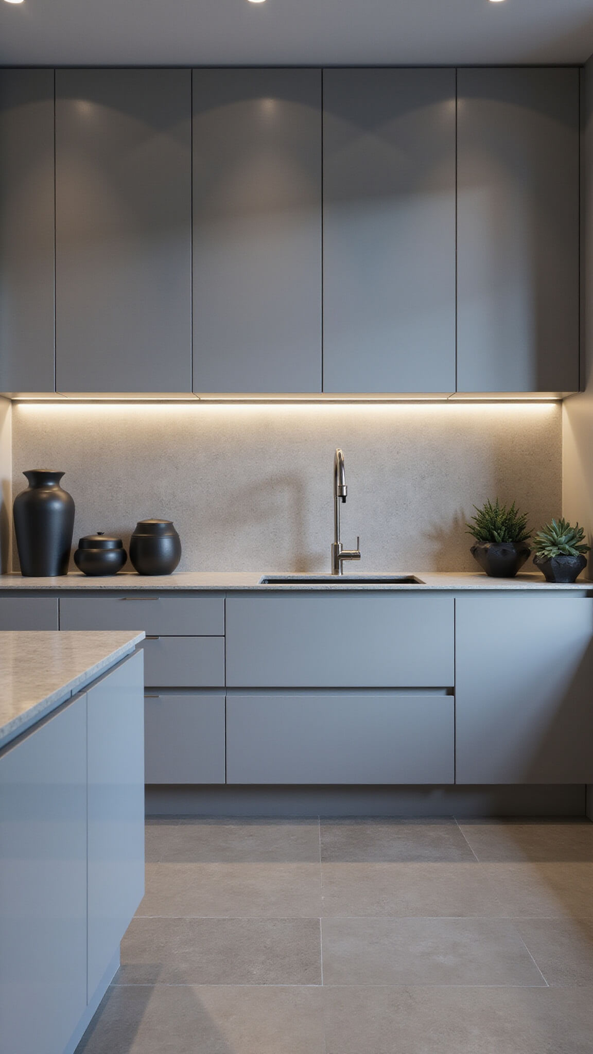 Minimalist 12x14ft kitchen at blue hour with warm gray marble-look porcelain tiles, LED under-cabinet lighting, and modern black matte decor.