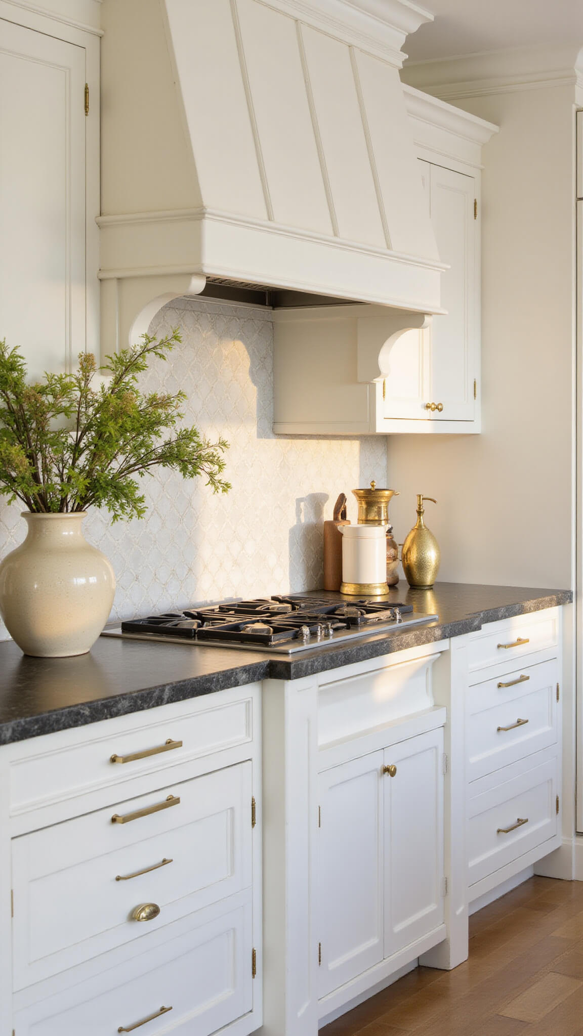 Transitional 15x17ft kitchen at golden hour with white zellige tile backsplash, brass fixtures, marble countertops, and vintage decor elements catching soft morning light.