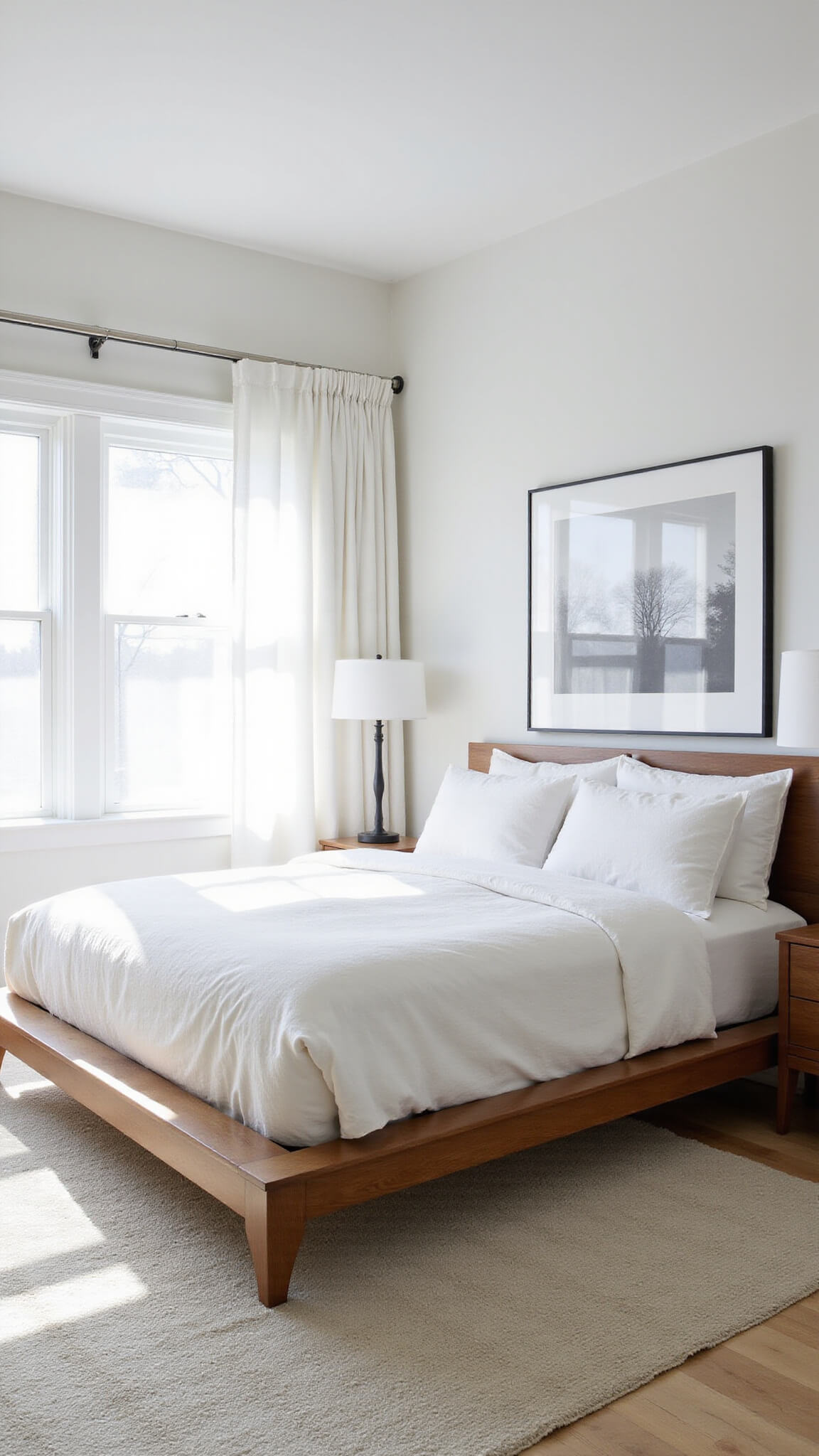 Minimalist 14x16ft bedroom with oak platform bed, white linen bedding, floating walnut nightstands, floor-to-ceiling windows with sheer curtains, and soft natural lighting.