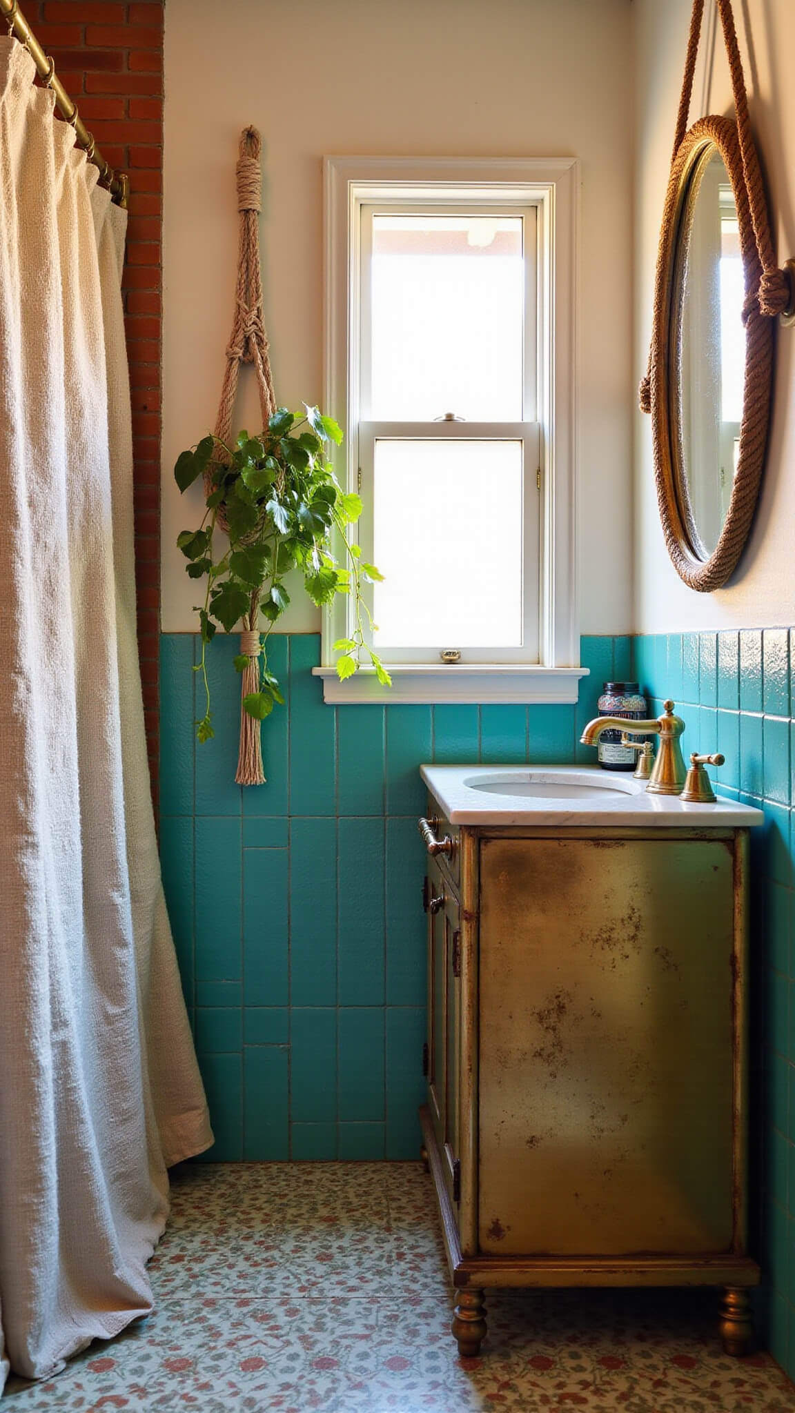 Low-angle view of bohemian-style bathroom with Moroccan tile floor, brass vanity, vintage mirror, macramé wall decor, and warm golden hour lighting.