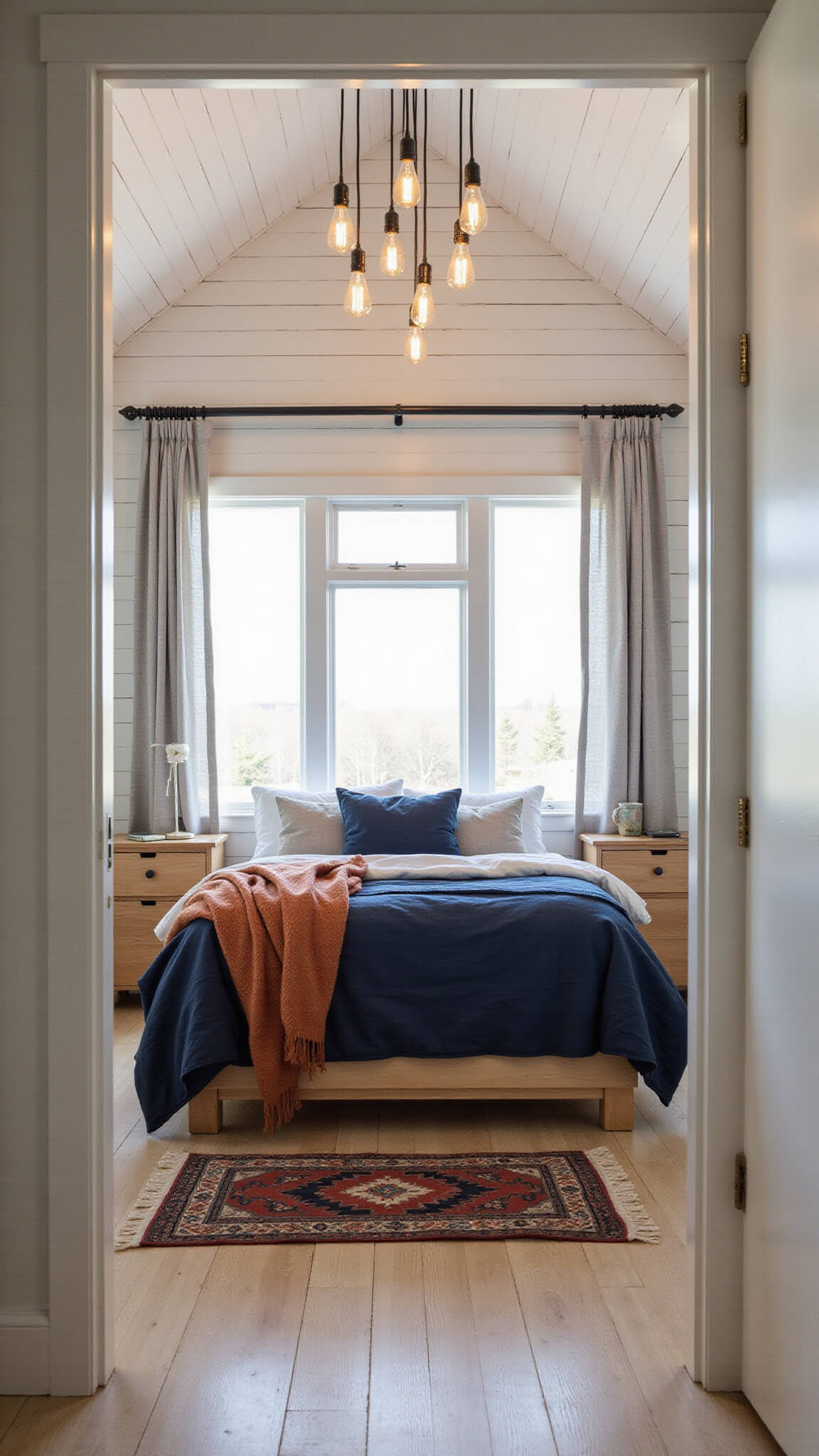Compact cabin bedroom at dawn with morning light illuminating a built-in platform bed, layered textiles, floating nightstands, and whitewashed pine walls under a vaulted ceiling.
