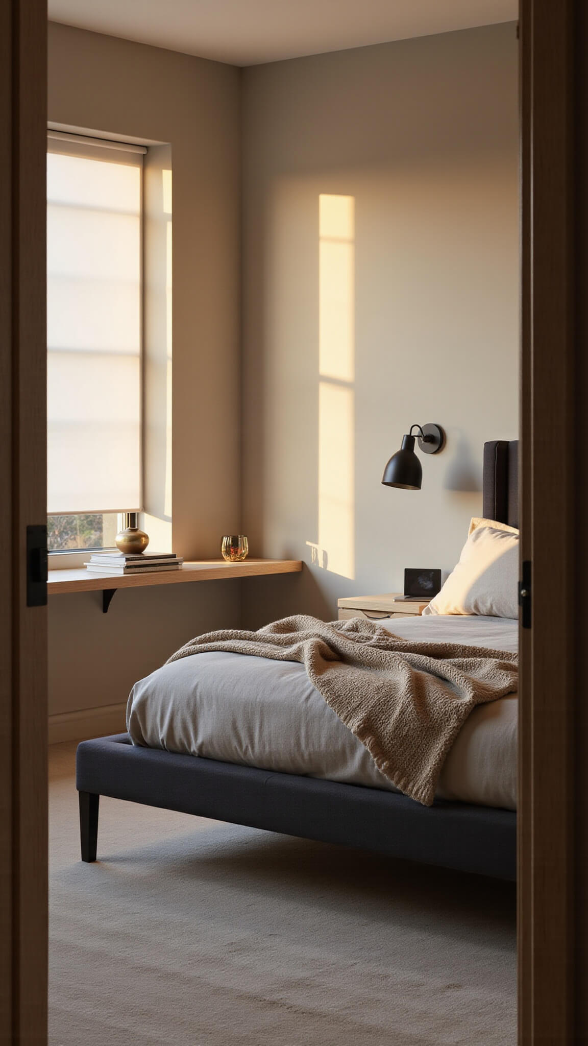 Minimalist 12x14ft bedroom at golden hour with charcoal platform bed, stone linen bedding, oatmeal knit throw, and warm light filtering through white roller blinds.
