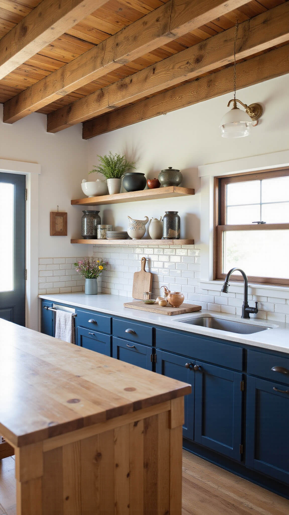 Cozy cabin kitchen with navy cabinets, open shelving, and copper pot rack, bathed in natural morning light.