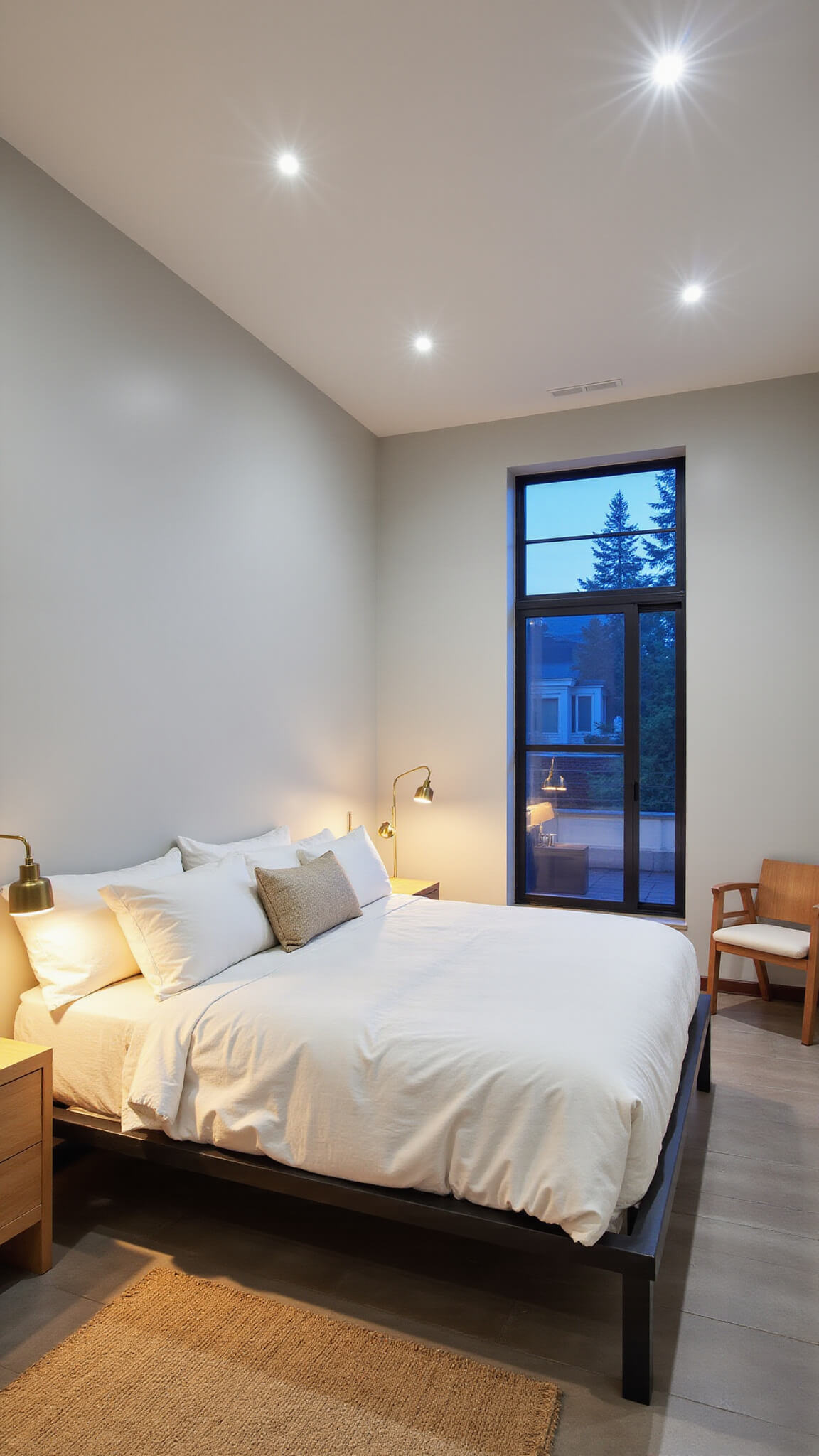 Minimalist 16x18ft bedroom at dusk with warm floor lamps, low blackened steel bed, white and cream linens, built-in bleached maple nightstands, boucle chair, brass pendant, jute rug, and metal-framed windows.