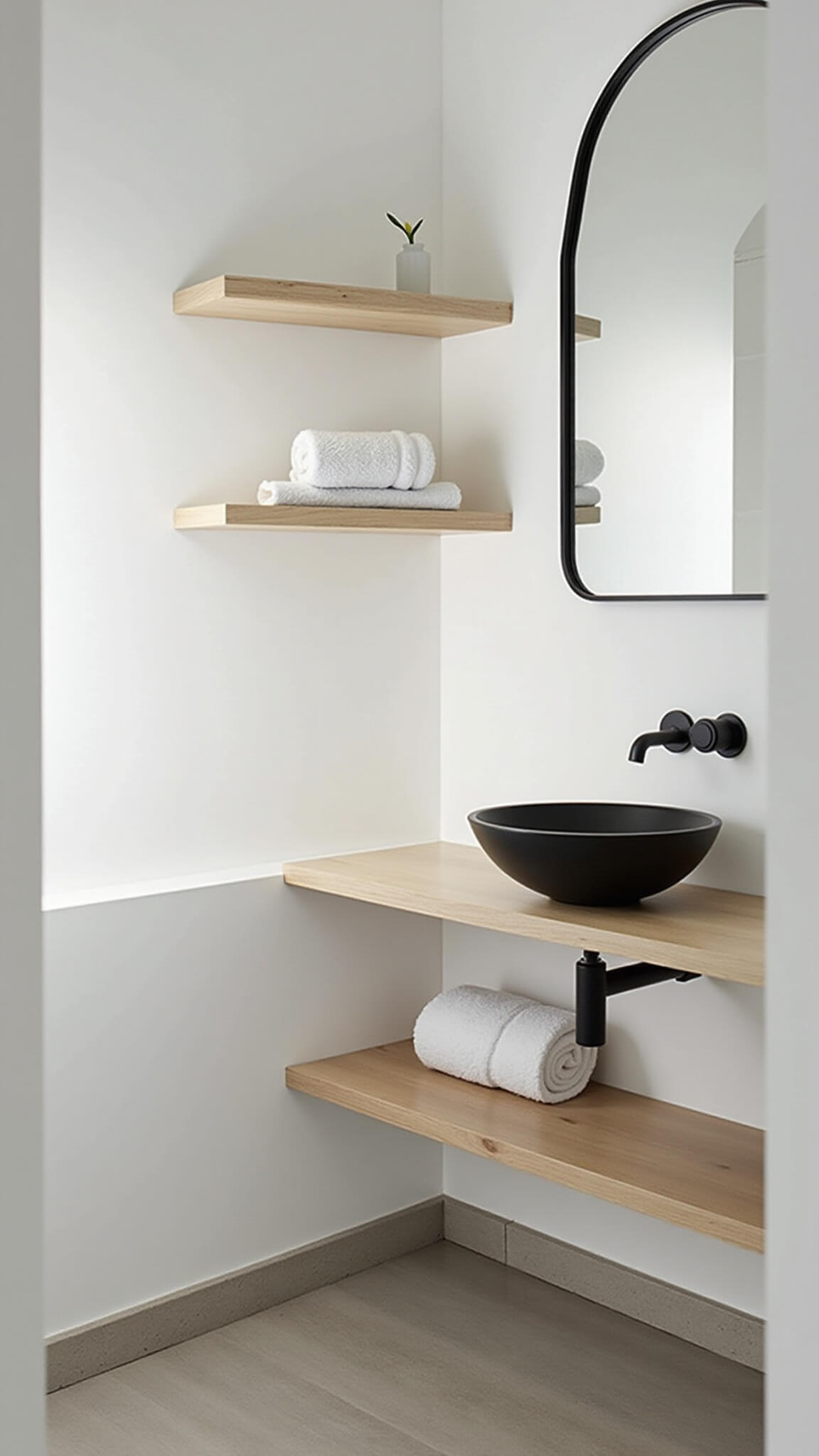 Minimalist Scandinavian bathroom with white walls, white oak floating shelves, black fixtures, and round mirror reflecting natural light.