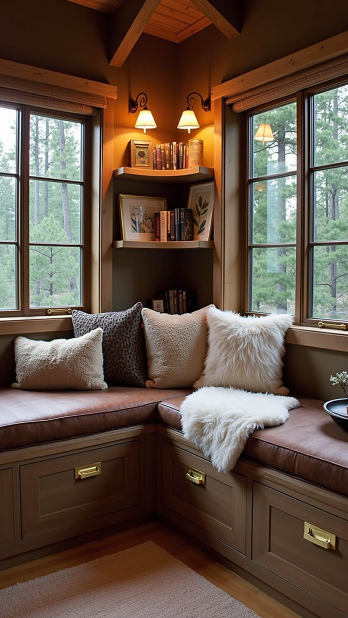 Cozy cabin reading nook at dusk with forest views through corner windows, leather-cushioned window seat, ambient brass sconces, floating bookshelves, and earth-toned textures.
