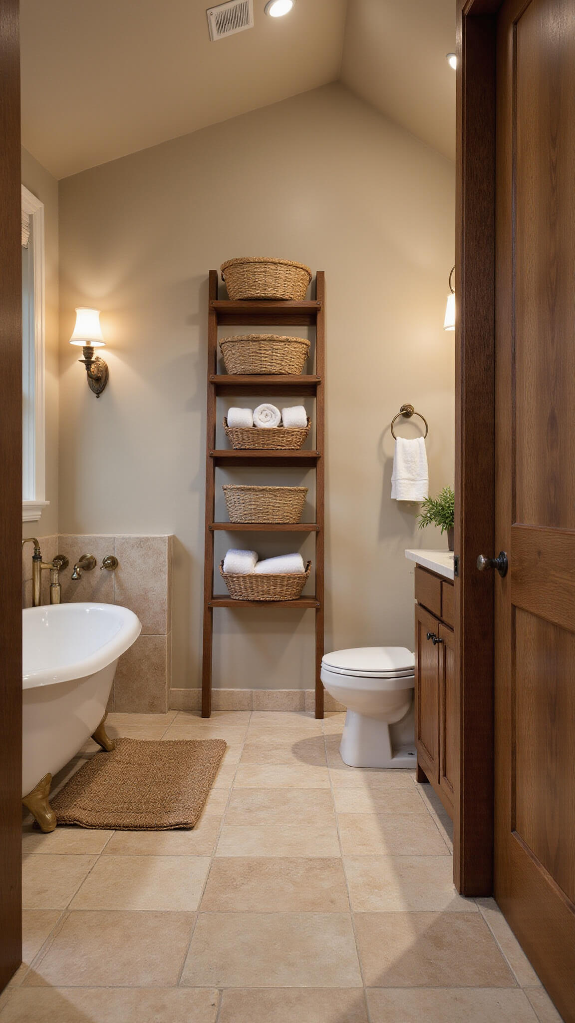 Spa-like bathroom with beige limestone-look tiles, oval soaking tub with bronze fixtures, teak ladder shelf, jute rug, and warm ambient sconce lighting at dusk.