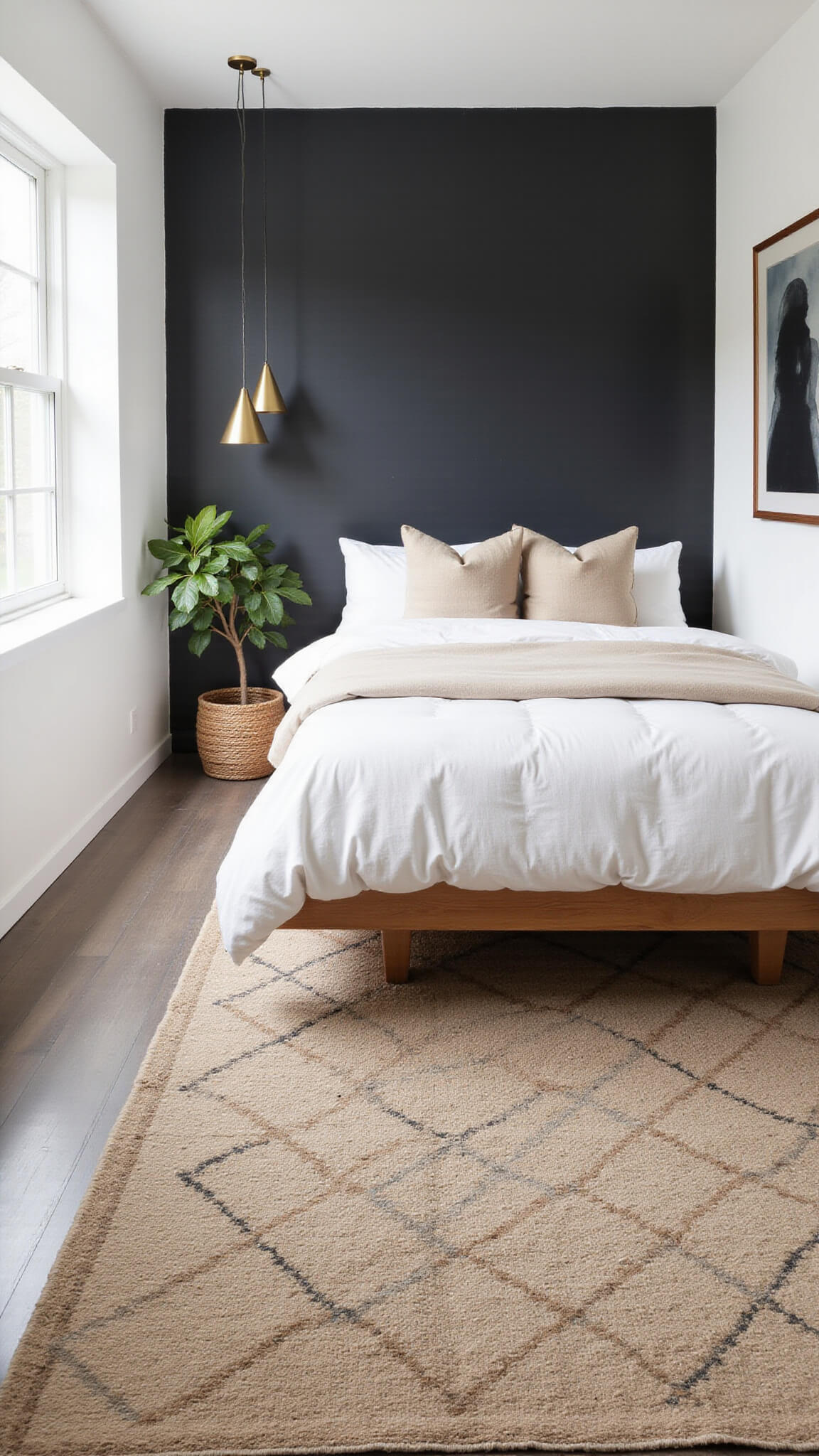 Minimalist 10x12ft bedroom with floating ash bed, black accent wall, neutral bedding, brass pendant lights, Moroccan rug, and fiddle leaf fig in morning light.