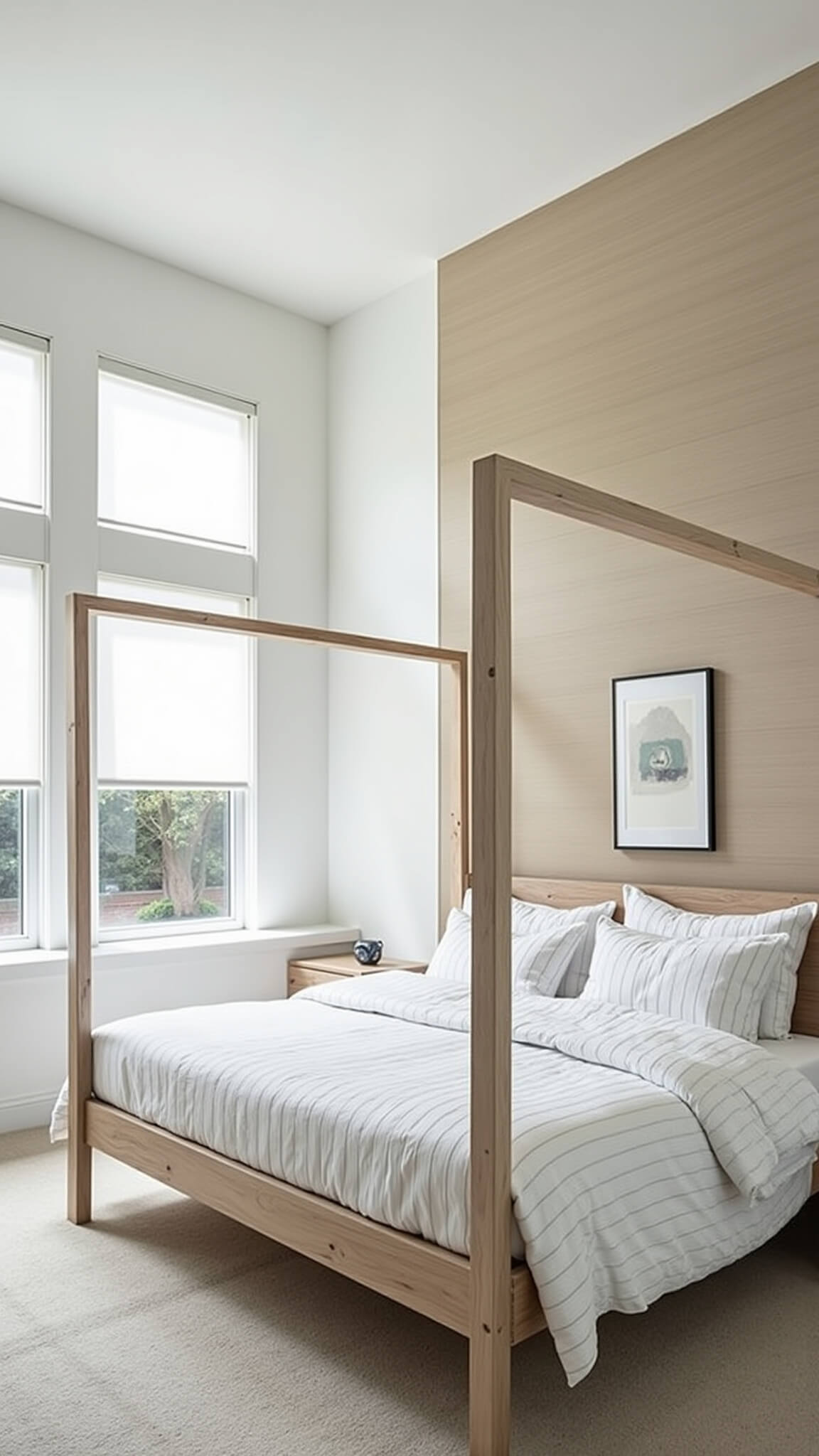 Minimalist 15x15ft bedroom with tall windows, four-poster bleached oak bed, white linens, floating concrete side tables, grasscloth accent wall, and natural midday lighting.