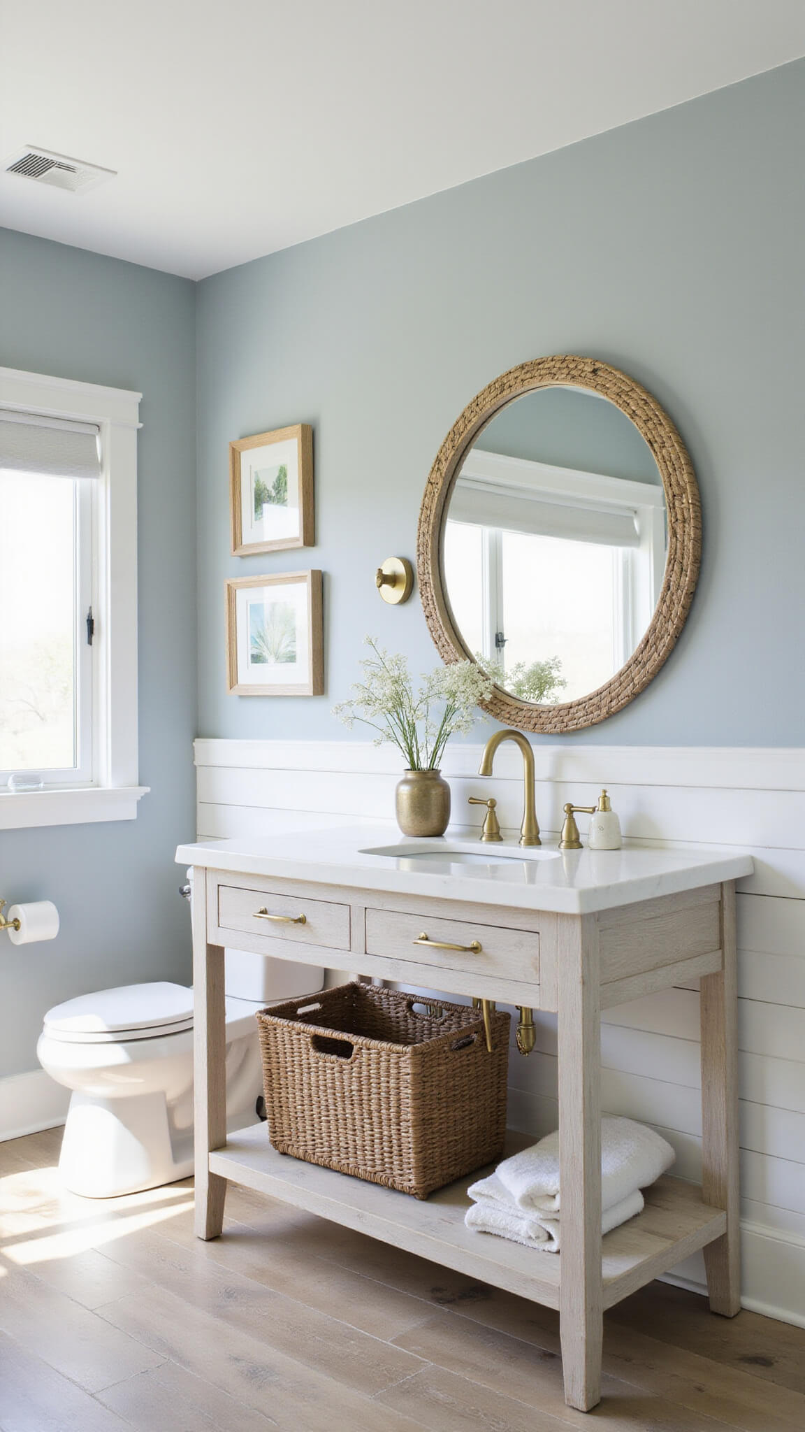 Modern coastal 5x8ft bathroom with pale blue-gray walls, white shiplap accent, floating whitewashed oak vanity, round rattan mirror, seagrass baskets, ceramic accessories, and coastal art in brass frames.