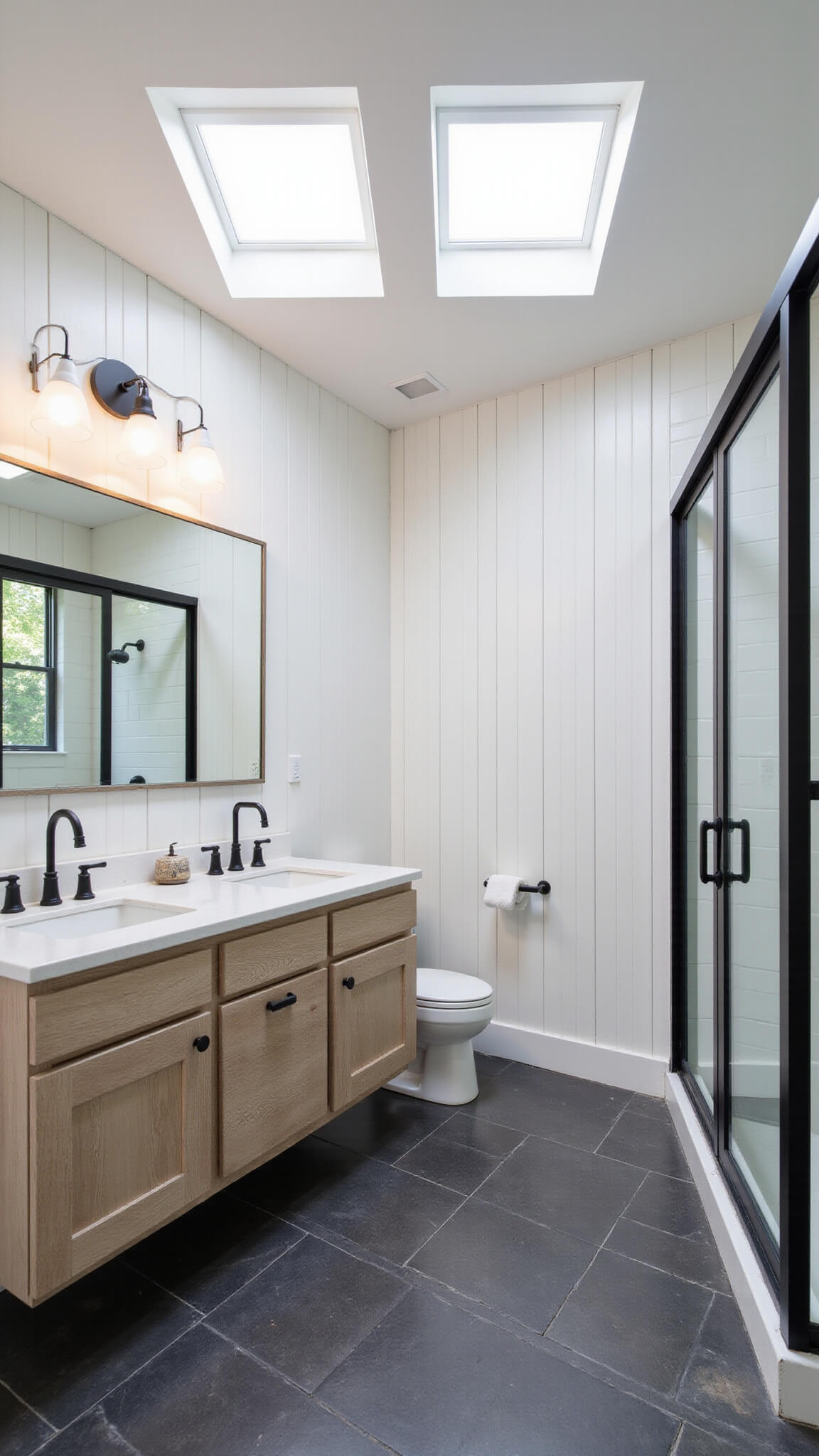 Modern-rustic 6x8ft cabin bathroom with skylights, matte black fixtures, white shiplap walls, weathered oak floating vanity, charcoal penny tile floor, and glass shower enclosure.