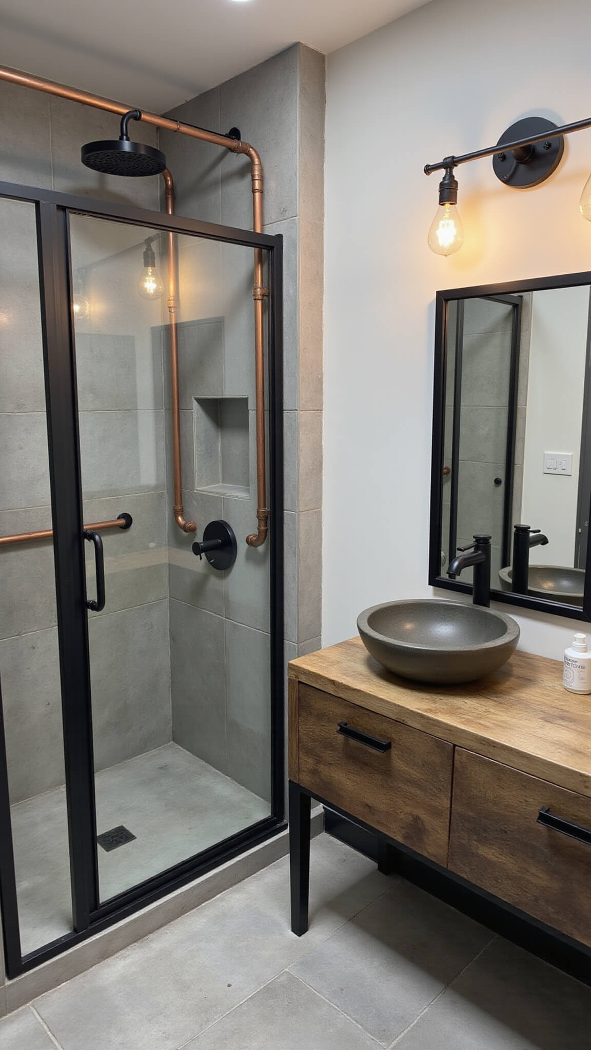 High-angle view of industrial chic bathroom with concrete tiles, exposed copper piping, black steel-framed shower, reclaimed wood vanity, and moody lighting.