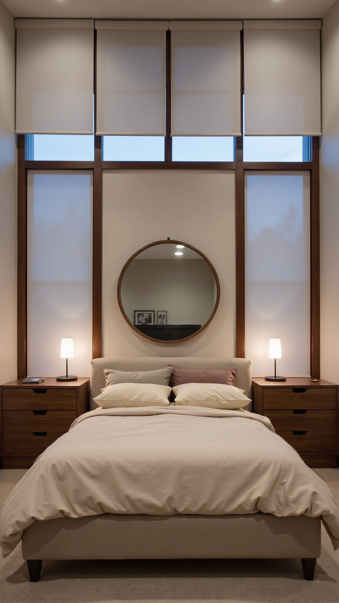 Minimalist 13x15ft bedroom at twilight with beige upholstered bed, layered neutral bedding, walnut-framed windows, ambient LED lighting, and soft Alabaster-textured walls.