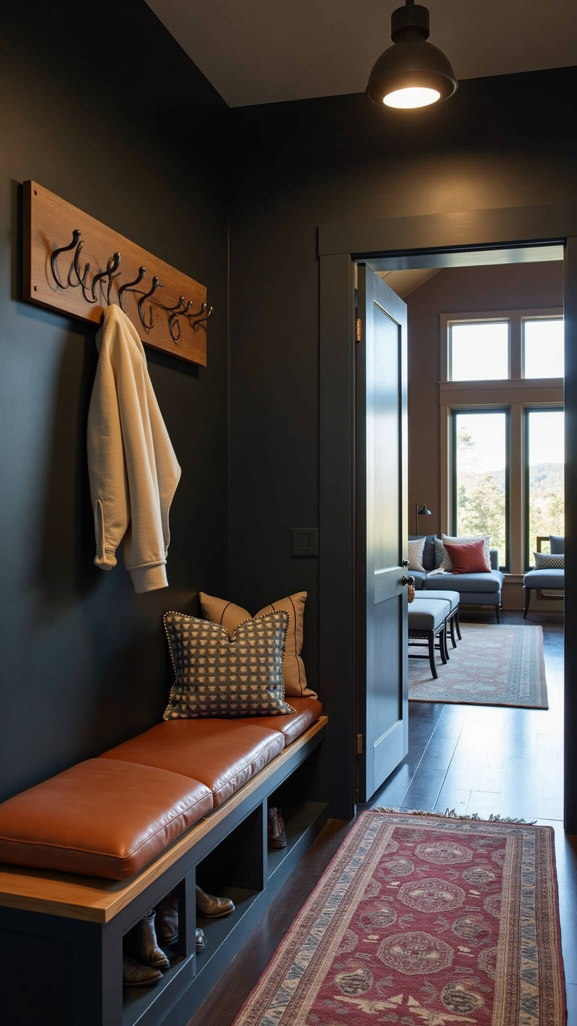 Moody blue hour cabin entryway with steel and wood coat hooks, leather bench, vintage burgundy runner, and industrial pendant lighting.