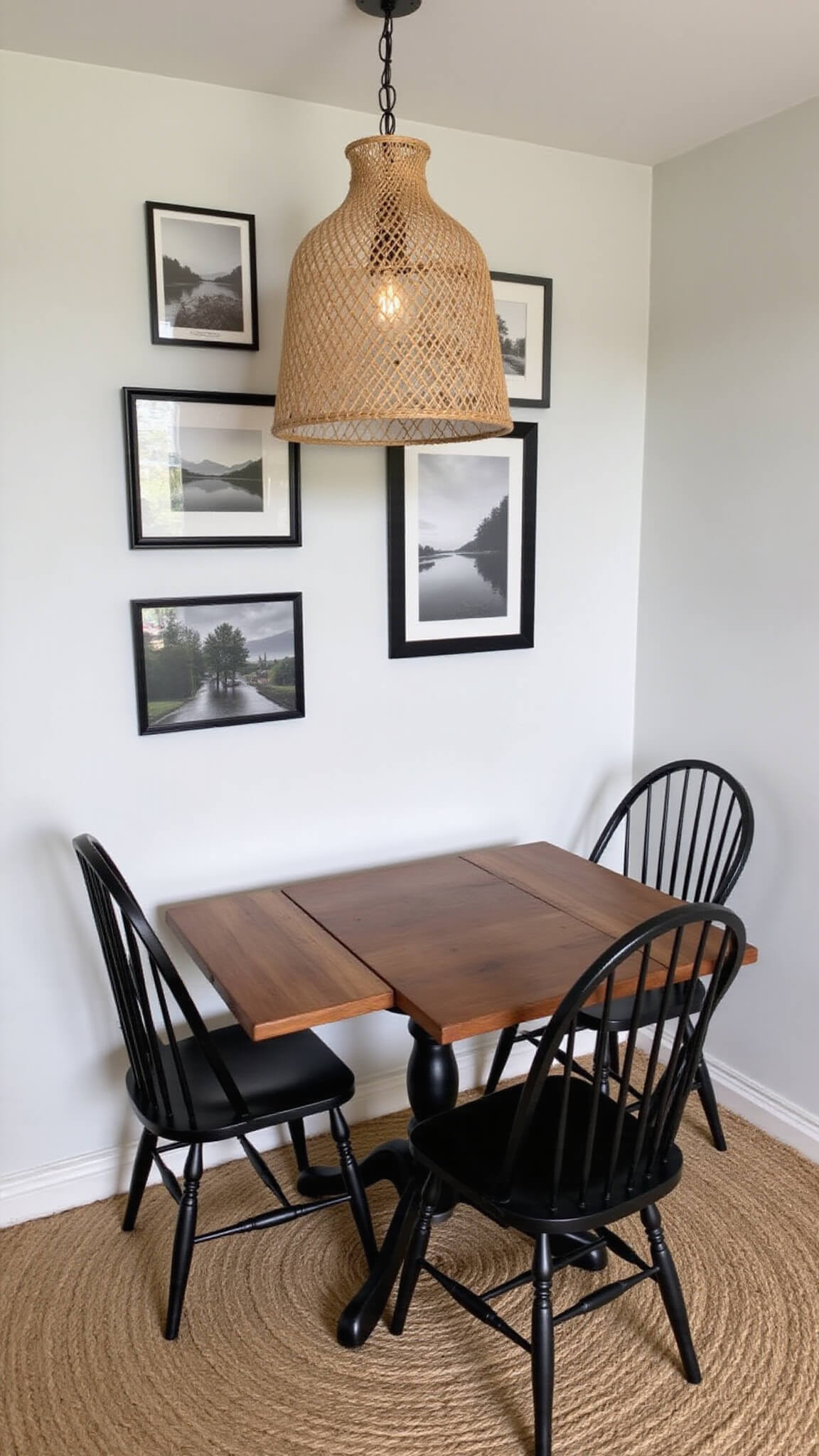 Overhead view of a compact cabin dining area with a drop-leaf walnut table, matte black Windsor chairs, woven pendant light, jute rug, and a black-and-white landscape gallery wall.