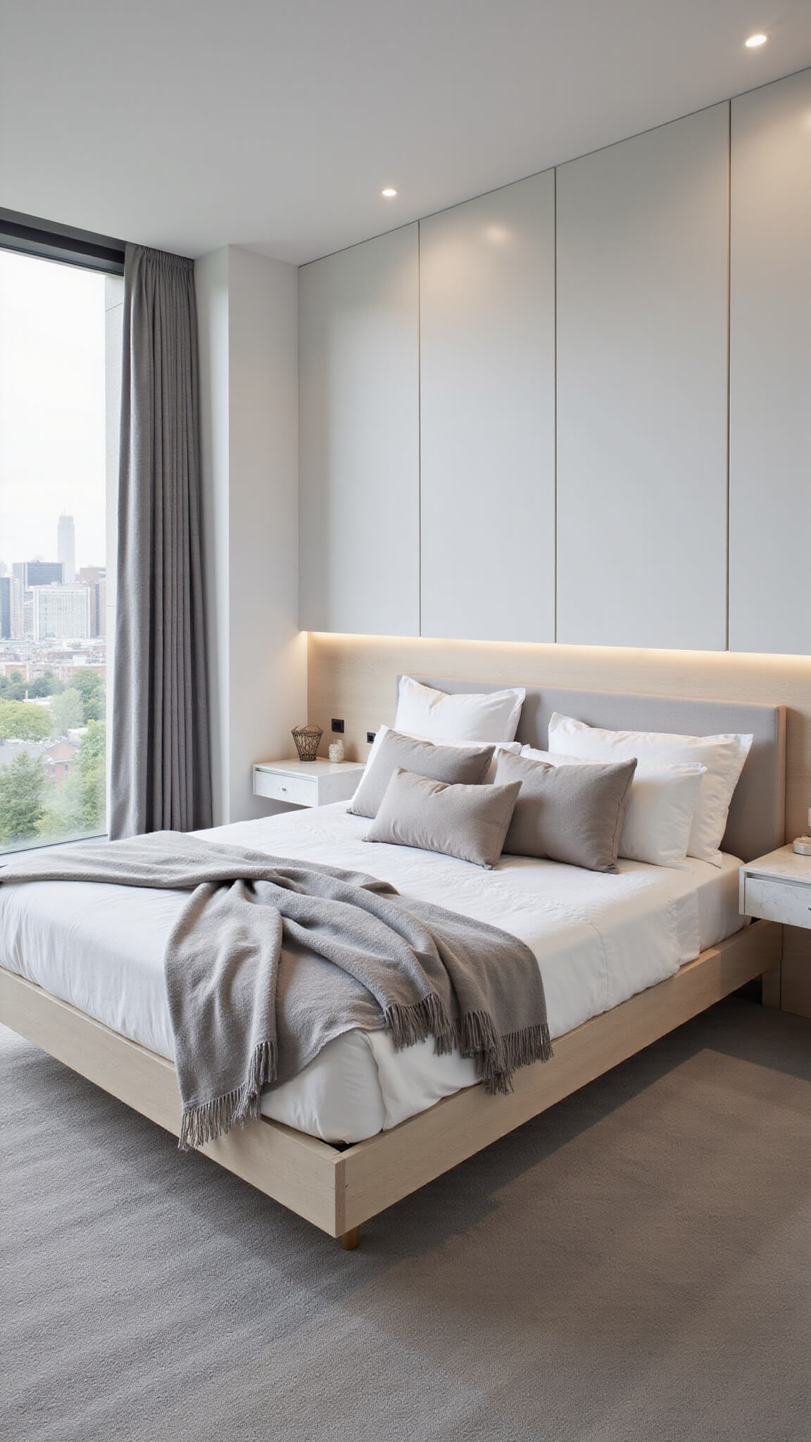 Minimalist 18x20ft primary bedroom at dawn with city views, custom bleached maple bed, silk gray carpet, and floor-to-ceiling windows with privacy screens.