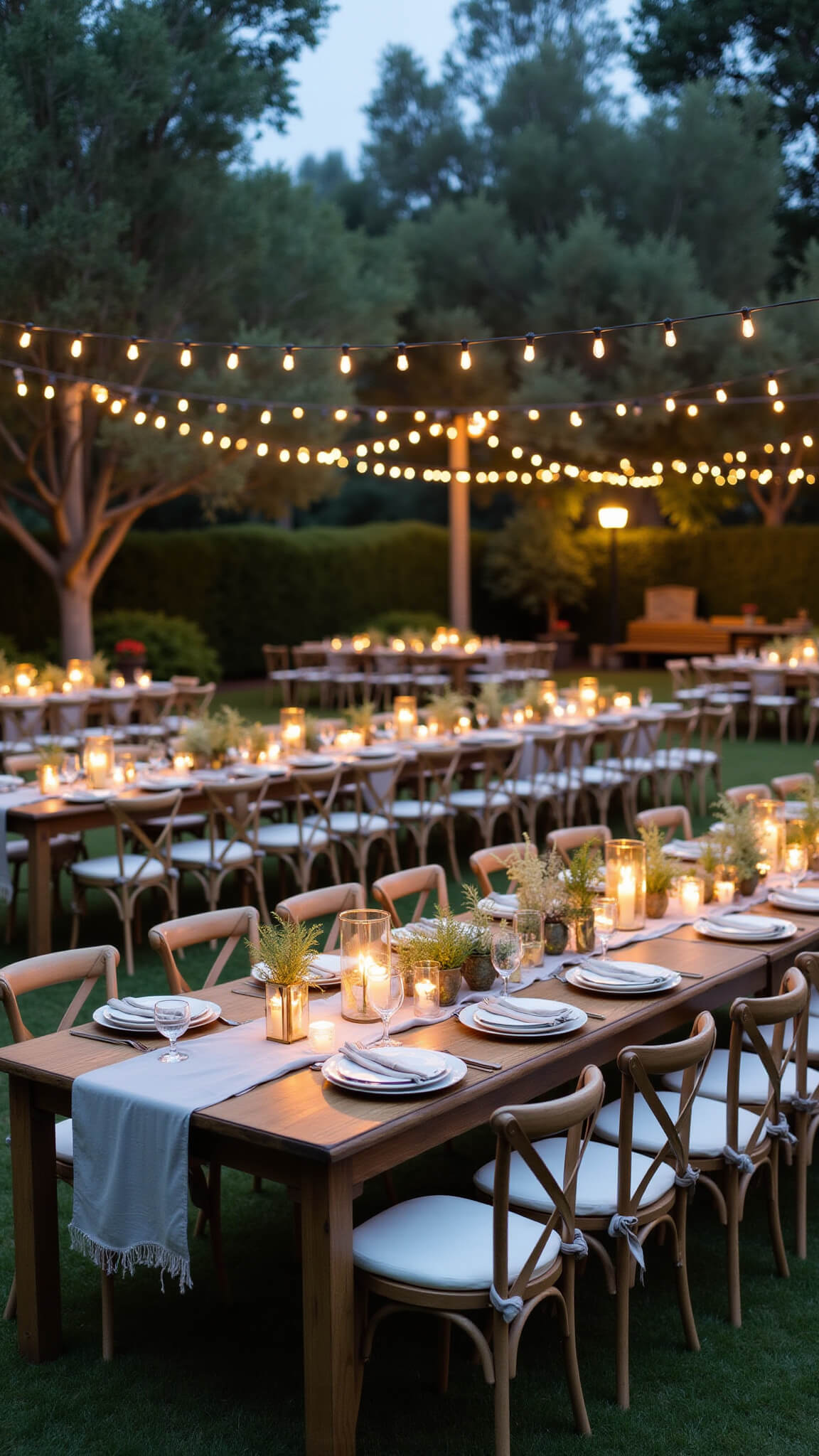 Twilight garden with U-shaped farm tables under string lights, featuring potted herbs, candles, and linen runners in soft blues, greens, and creams.