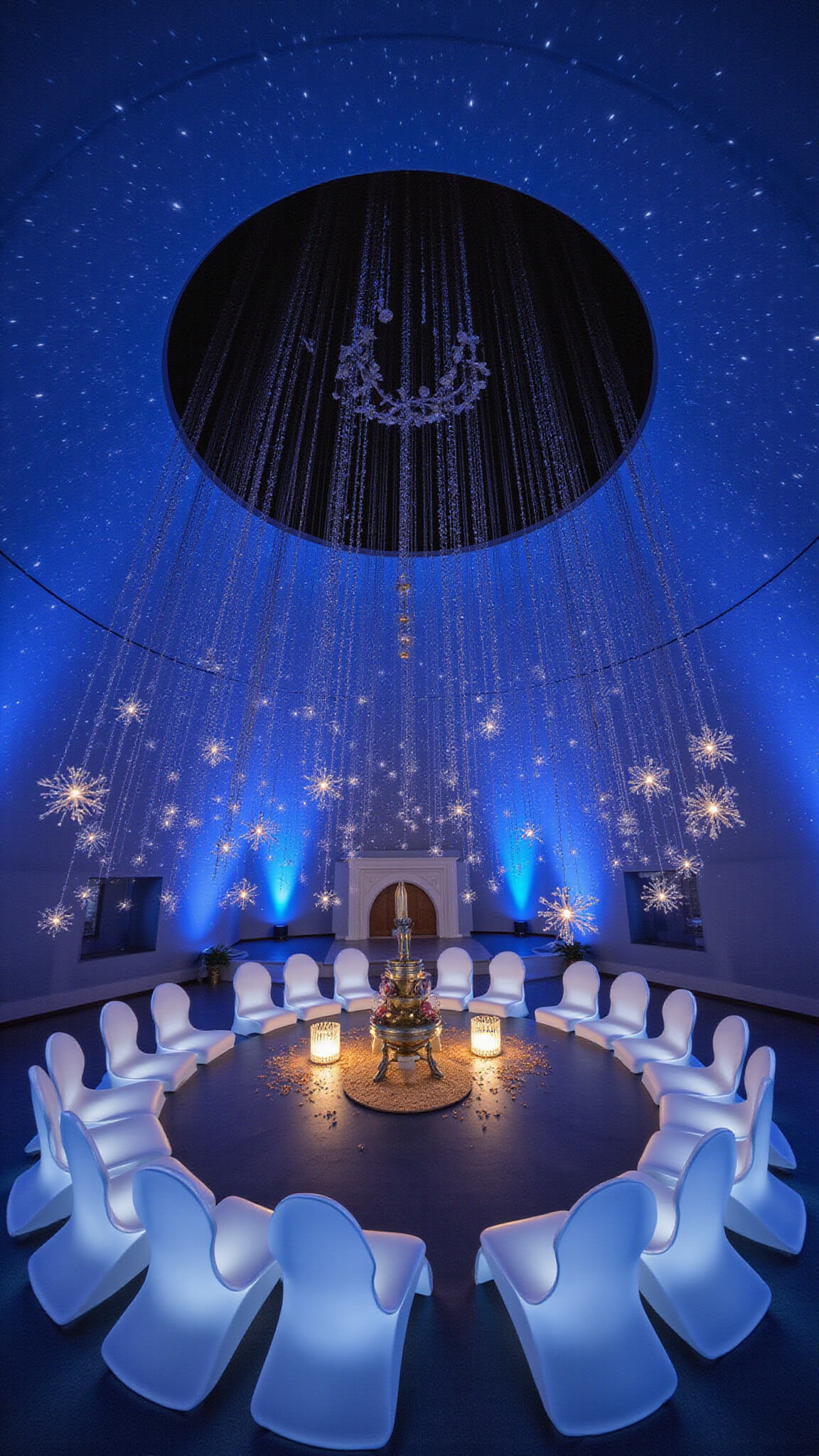 Elevated view of a circular planetarium dome with spiral-arranged white chairs around a central altar, deep blue starry walls, metallic gold and silver accents, and hanging crystal constellations under cool blue and warm spotlight lighting.