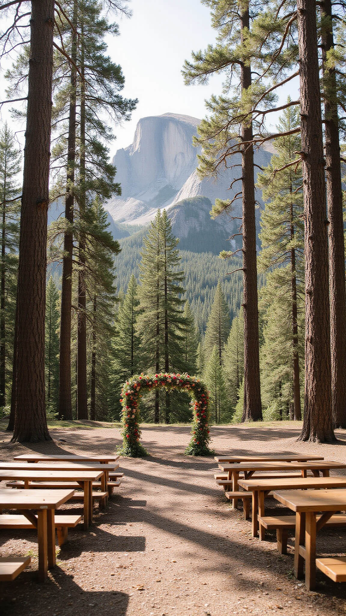 Outdoor ceremony setup in pine forest clearing with wooden benches in semi-circle, wildflower garlands, natural wood arch, and mountain backdrop under dappled sunlight.