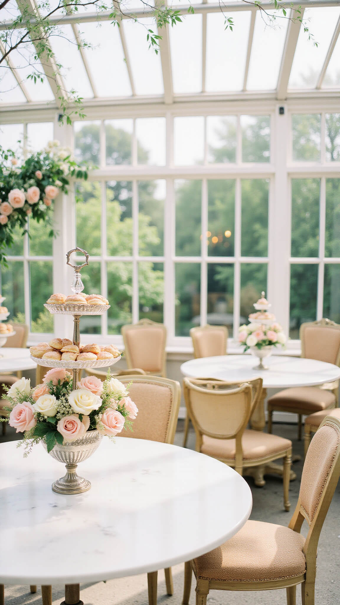 Sunlit conservatory brunch with white marble tables, vintage seating, crystal mimosa bar, tiered pastries, and blush floral decor.