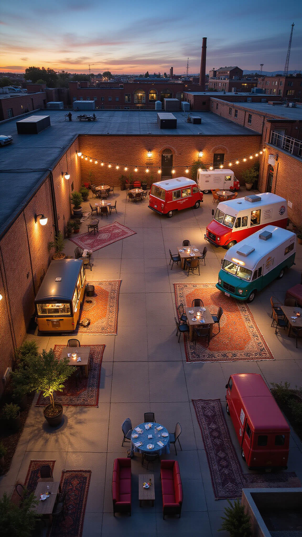 Rooftop view of a vibrant food truck festival in an industrial courtyard at sunset, featuring vintage trucks in a horseshoe layout, market lights overhead, and cozy lounge areas with Turkish rugs and low tables.