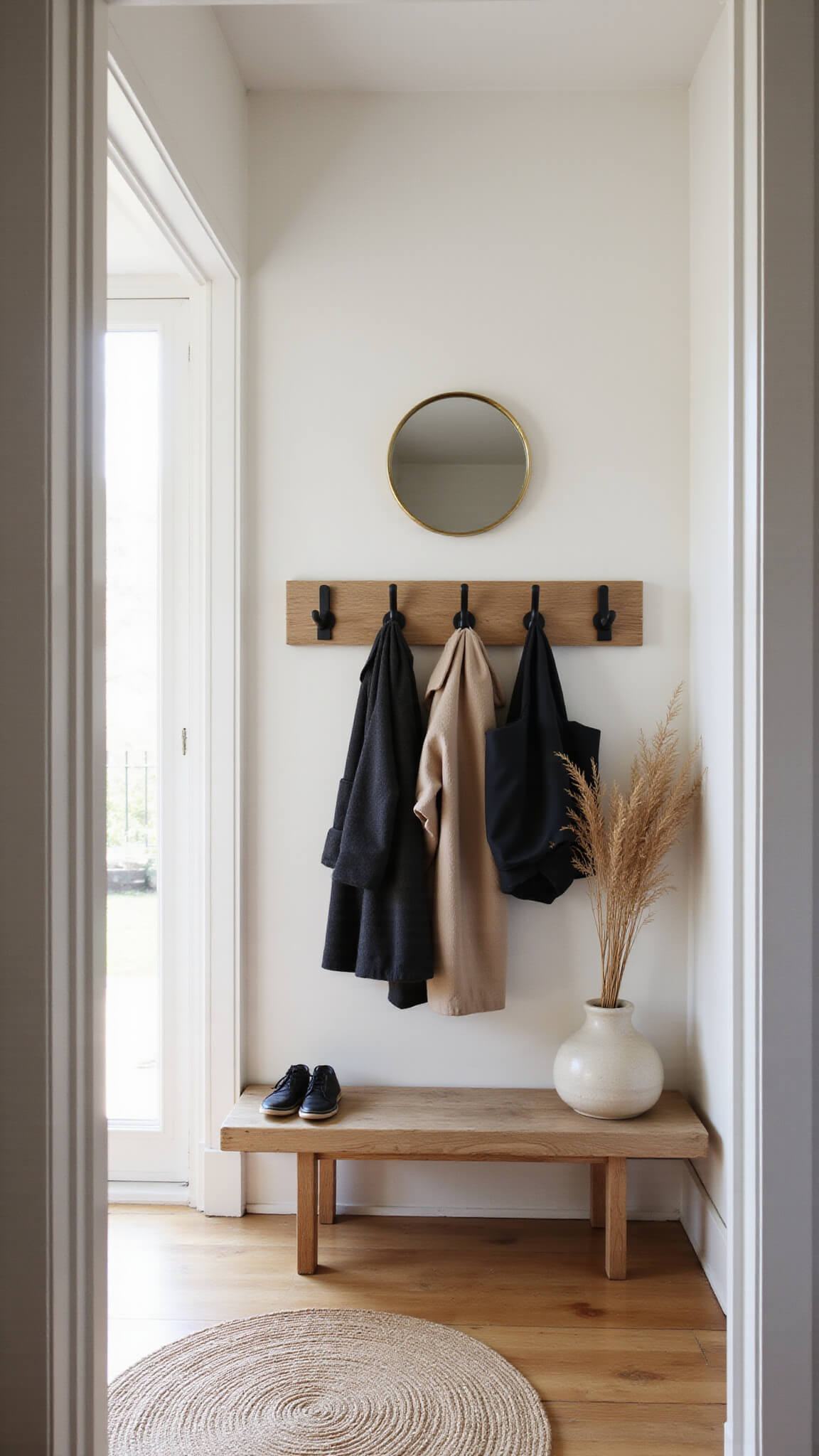 Compact entryway with floating oak console, round brass mirror, black coat hooks, jute runner, and pampas grass in soft morning light.
