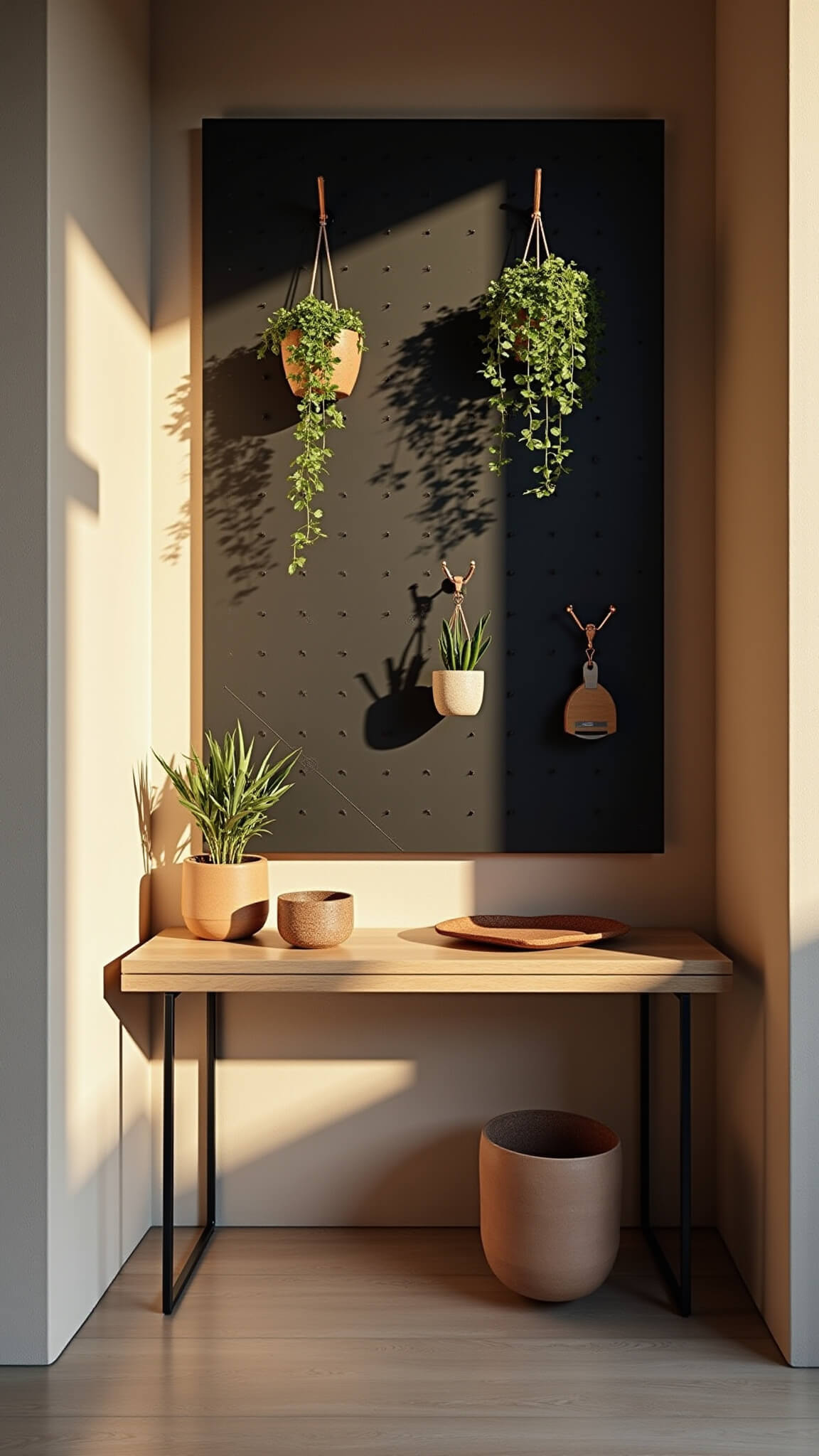 Golden hour light casts dramatic shadows in a 6x4 ft apartment entry nook with a black geometric pegboard, hanging plants, and a light ash wood console table styled with ceramic and leather accents.