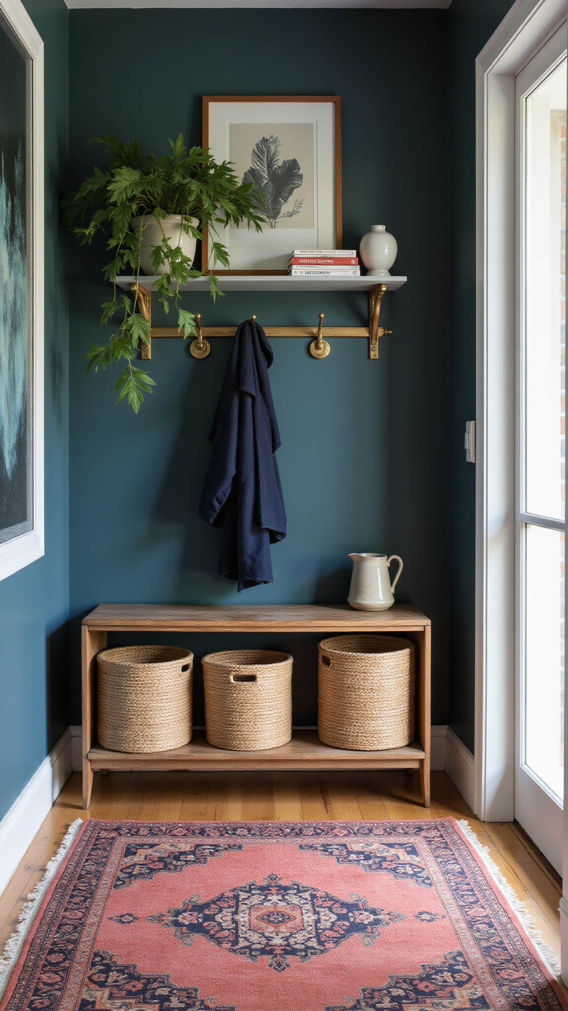 Overhead view of 8x5 ft entryway with vintage coral and navy Persian runner, brass coat rack on dark teal wall, baskets under floating shelf with art books and monstera plant, lit by natural side light.