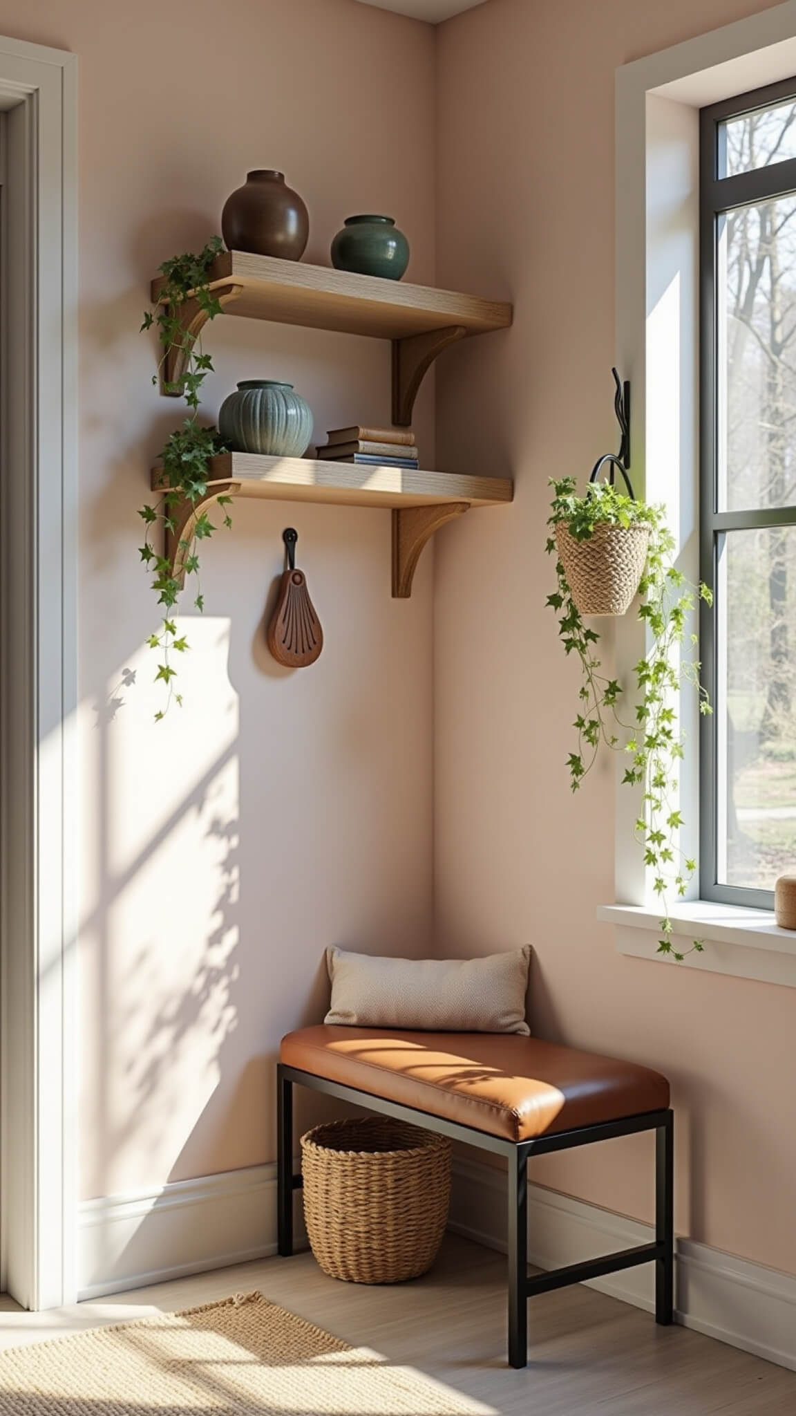 Corner view of a blush-toned 5x7 ft entryway with white oak floating shelves, vintage pottery, minimalist hooks, trailing ivy, a cognac leather bench, and a rattan shoe basket below.
