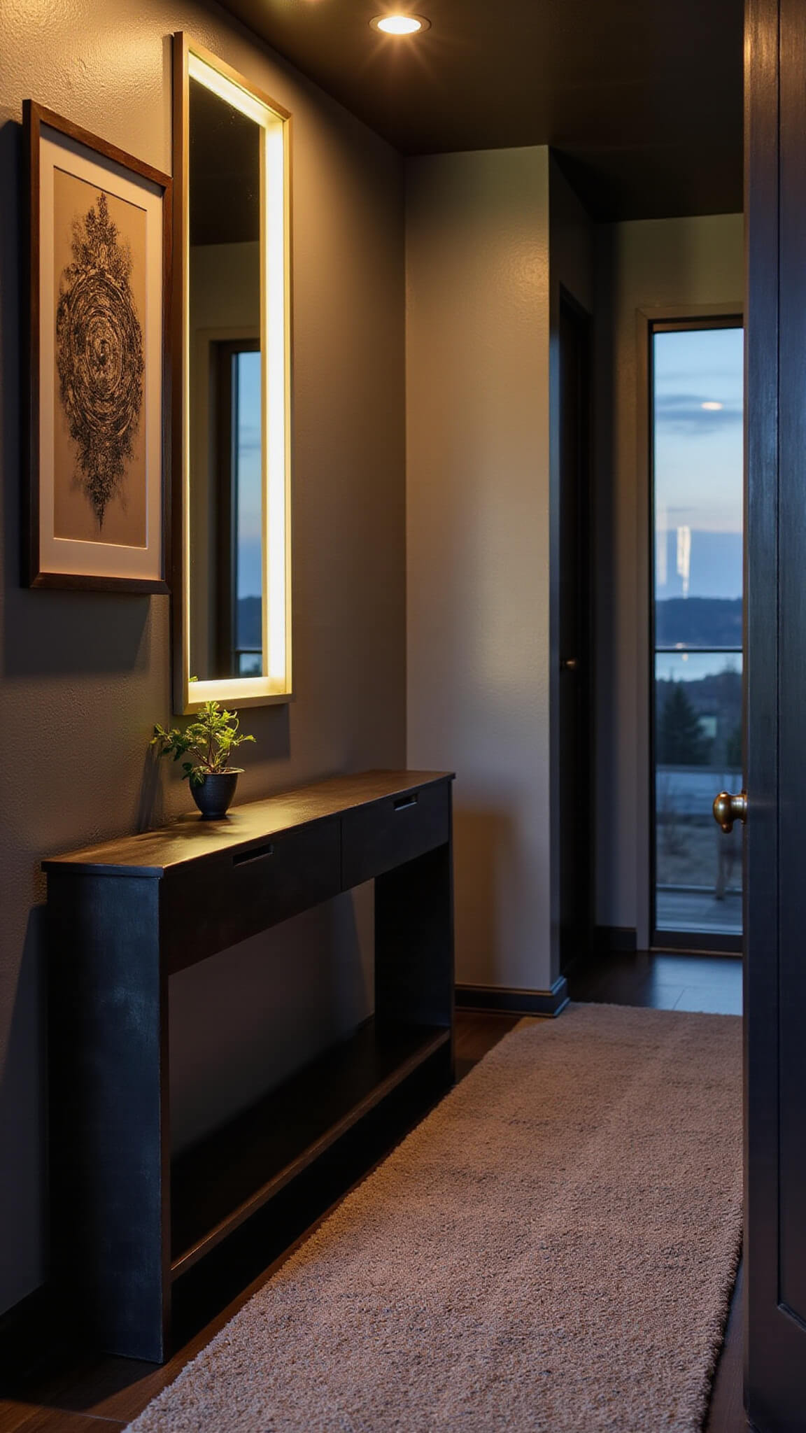 Dramatic evening shot of a cozy studio entryway with LED ambient lighting, floor-to-ceiling mirror, black metal console, abstract art, and a textured wool runner in jewel tones.