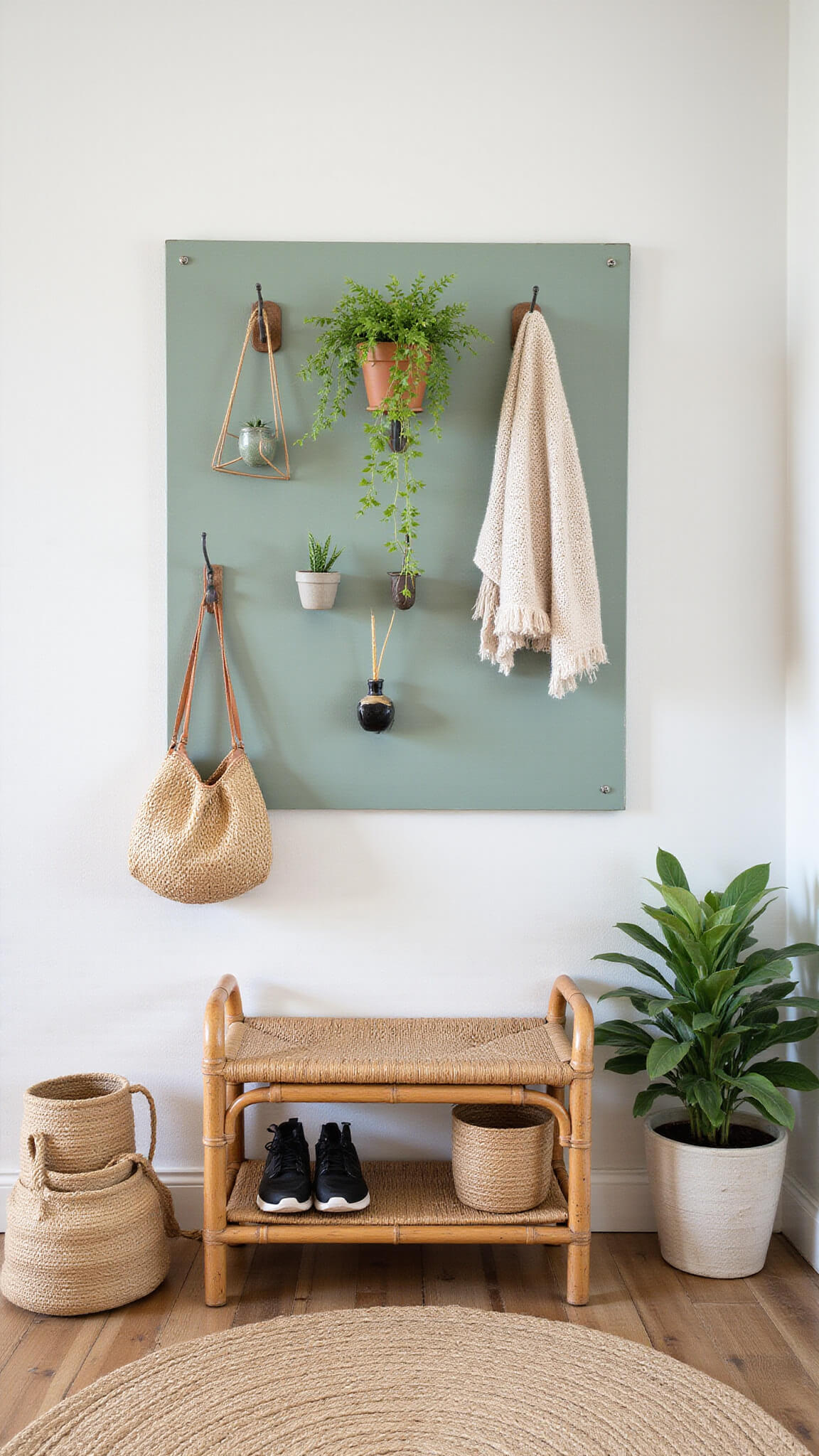 Scandinavian-style entryway with sage green DIY pegboard, hanging plants, geometric hooks, vintage bamboo bench with shoes, jute rug, and natural baskets in midday light.