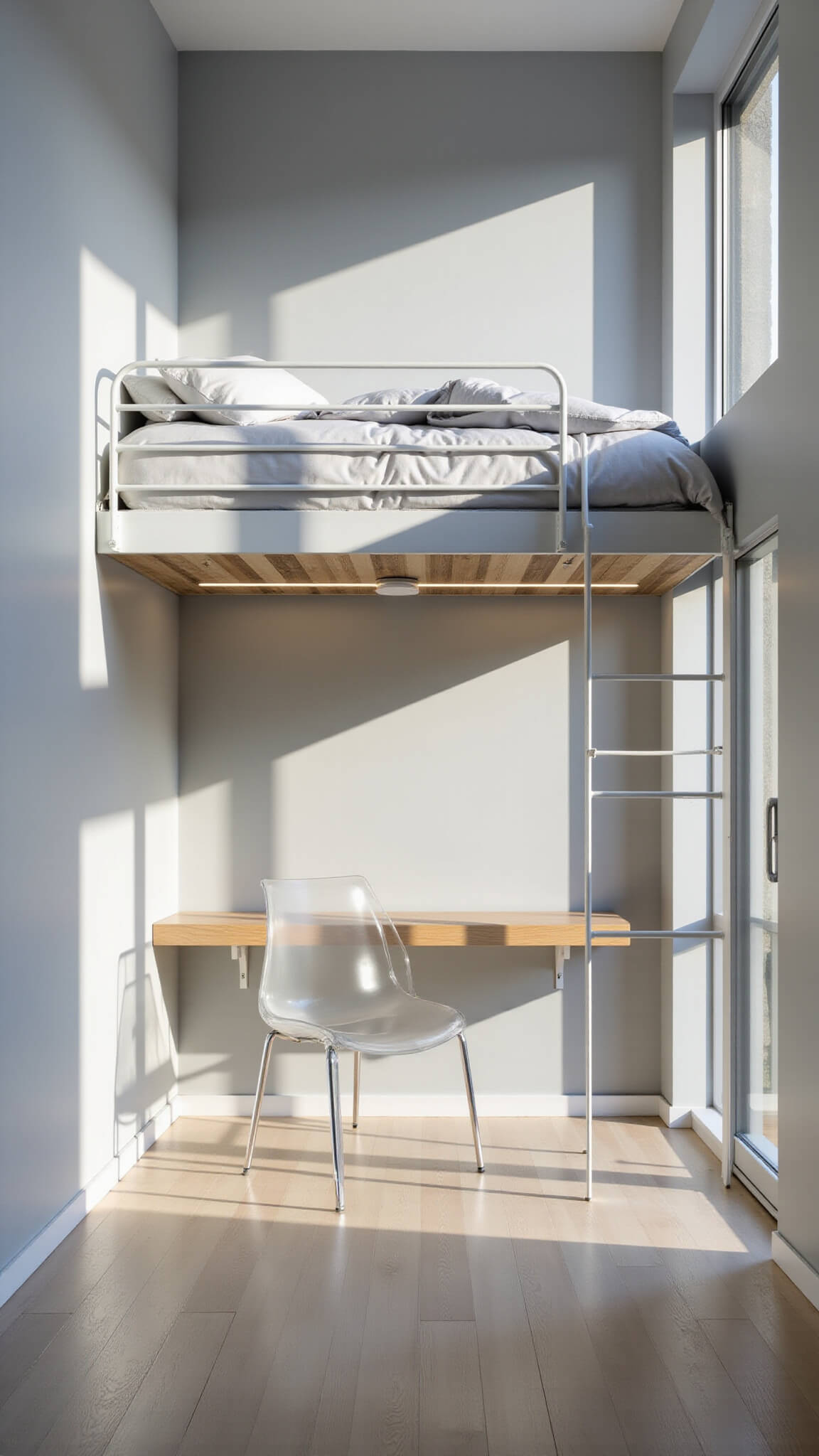 Minimalist 10'x10' bedroom with white metal loft bed, compact workspace below, early morning light through floor-length windows, and modern furnishings in a cool, bright atmosphere.