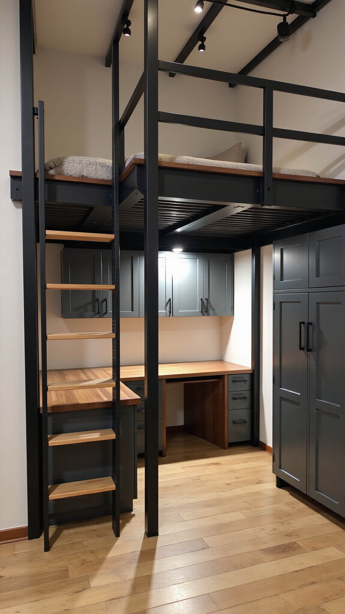 Modern home office with dark walnut L-shaped desk under black metal loft bed, featuring track lighting, charcoal storage, copper accents, and industrial stairs.