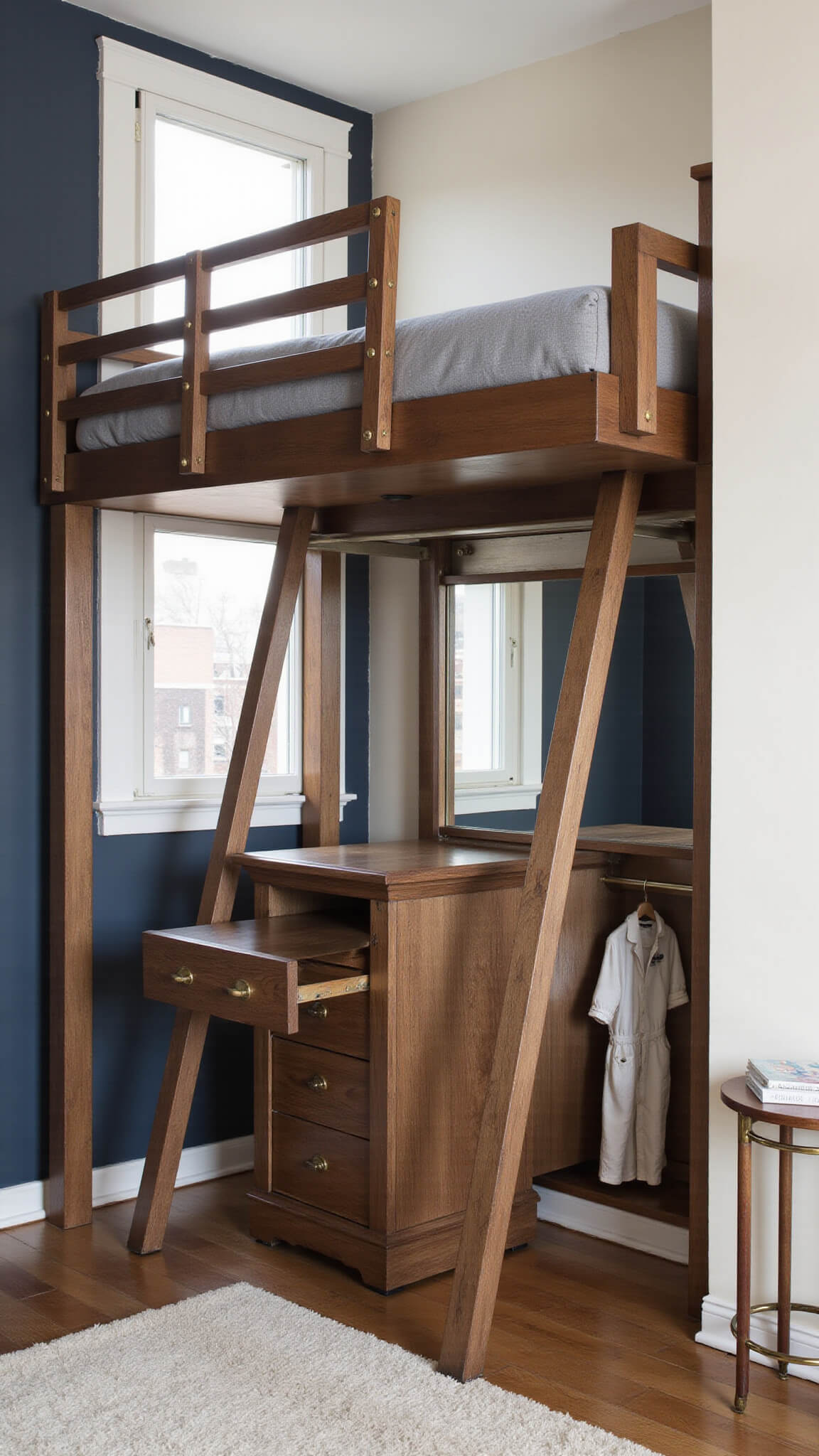 Urban micro-bedroom with espresso wooden loft bed, pull-out closet, fold-down desk, mirrors, and navy, cream, and gold accents.