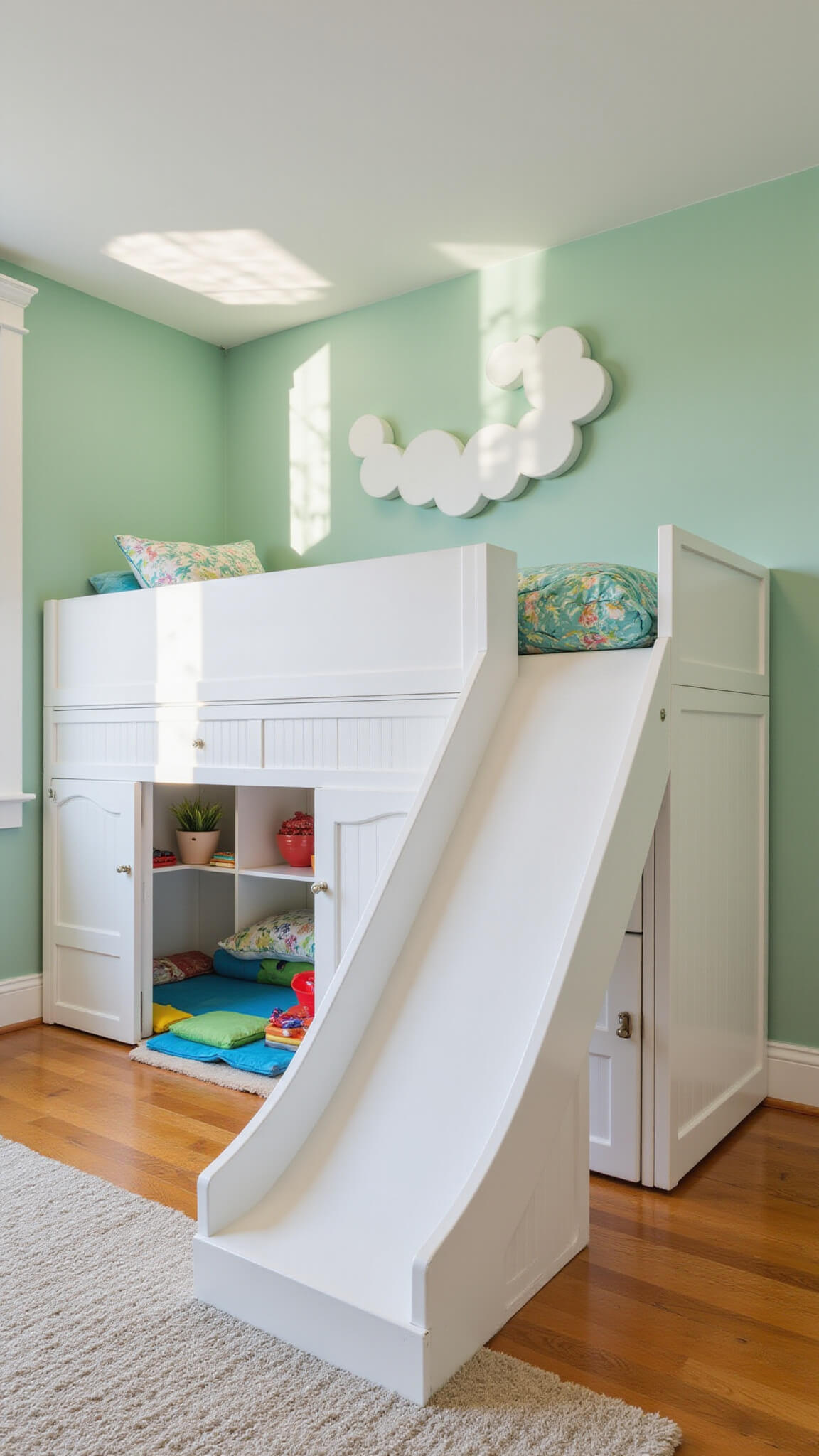Child's bedroom with white loft bed, slide, climbing wall, rainbow storage cubbies under fort space, mint walls, bamboo floor, and cloud-shaped window shadows.
