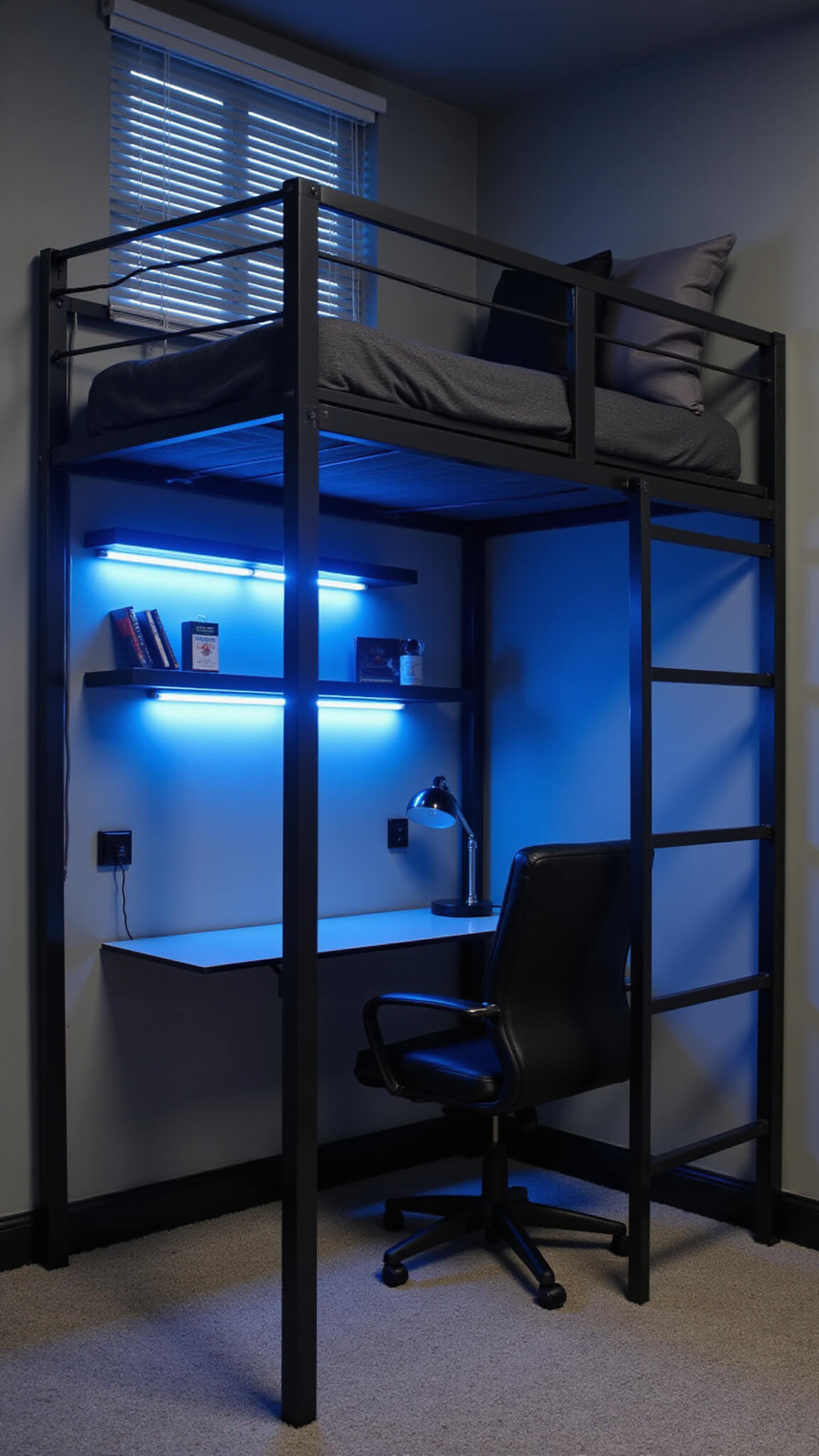 Minimalist teen room with matte black industrial loft bed, glass desk below with LED lighting, floating shelves, and blue hour lighting through modern blinds.