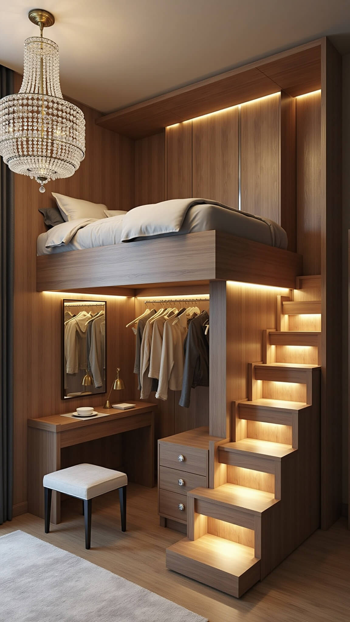Premium studio loft bed with integrated wardrobe, walnut finishes, chandelier lighting, and boutique dressing area at golden hour.