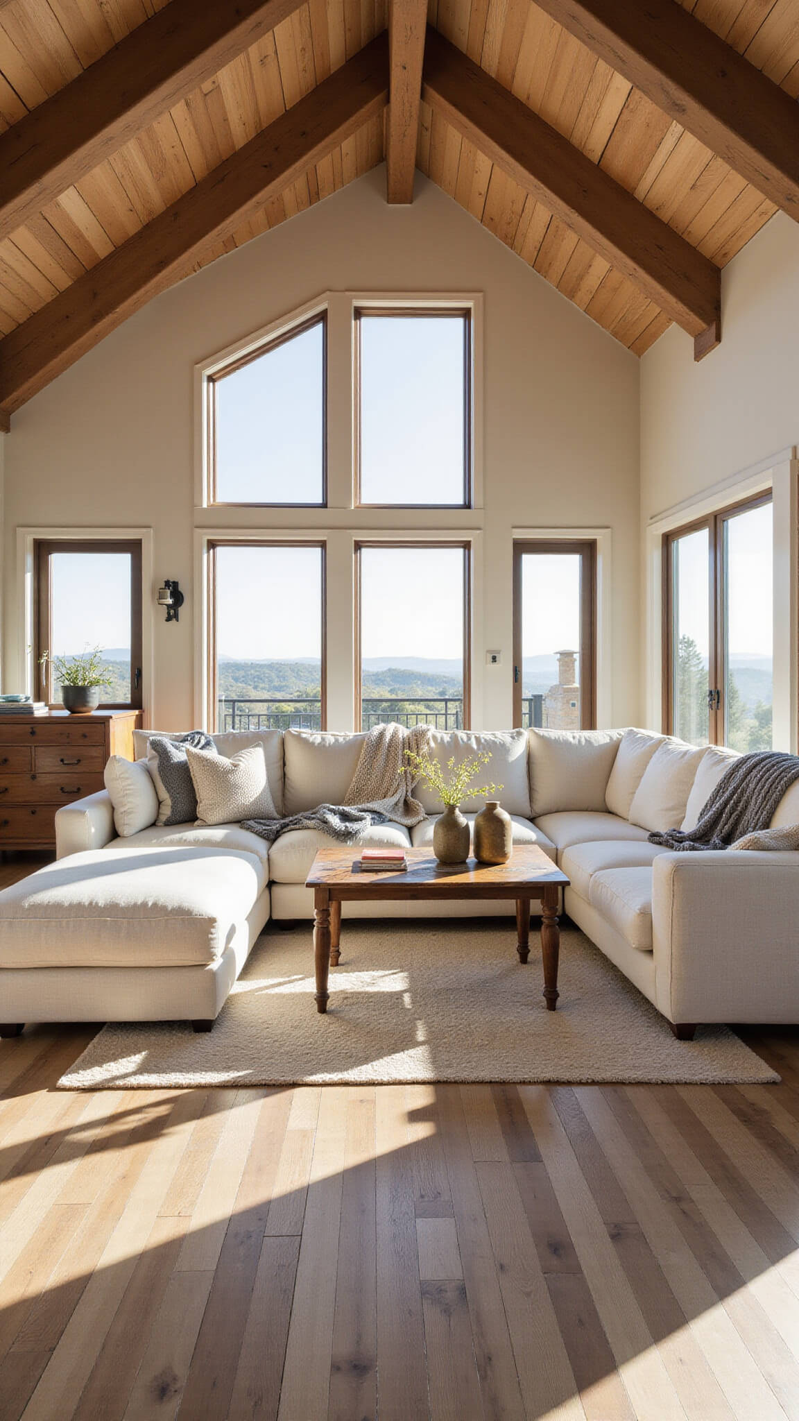 Cozy vaulted living room with cream linen sectional, vintage wood coffee table, and warm golden hour sunlight through tall windows.
