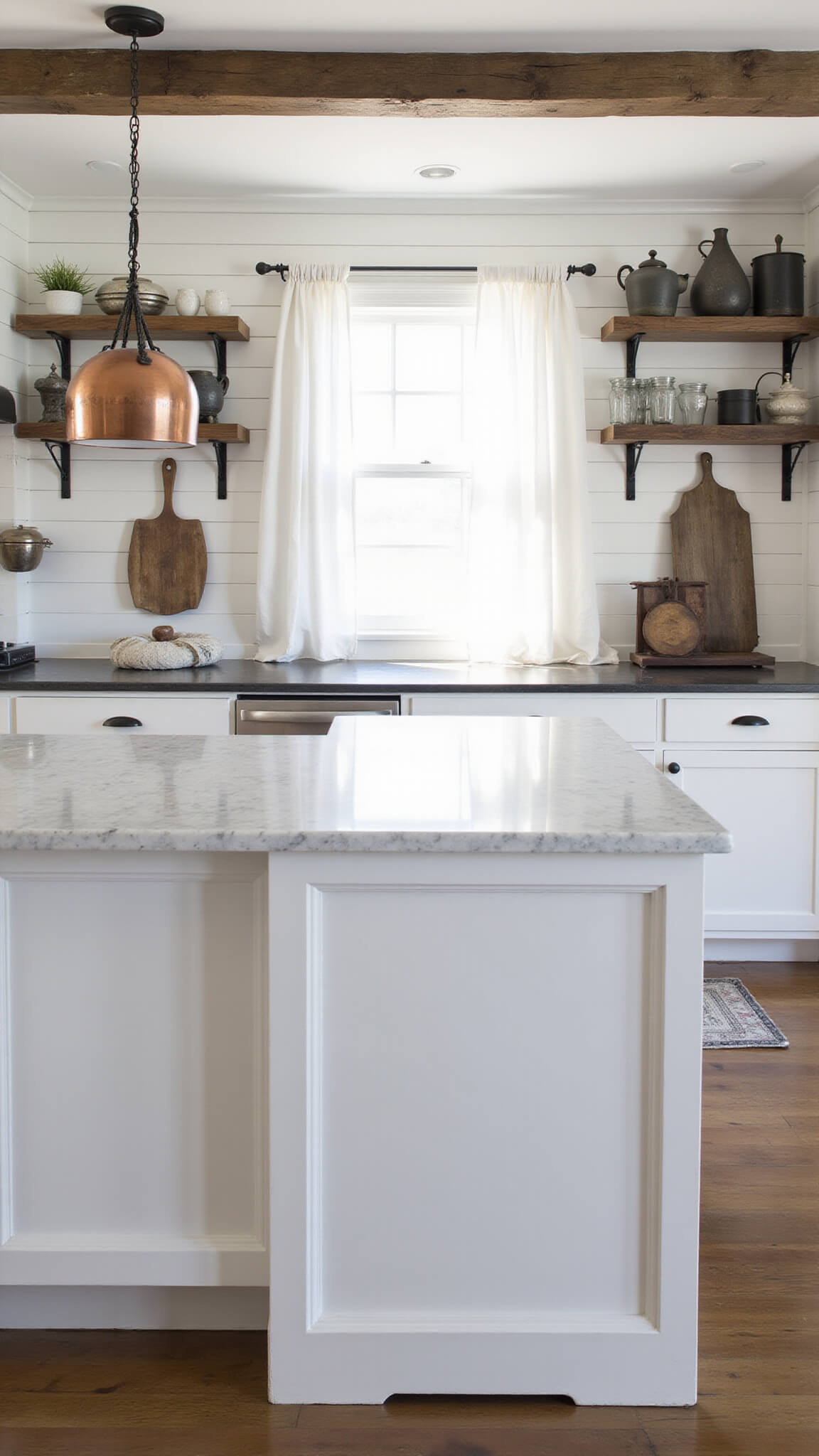 Farmhouse kitchen at dawn with white shiplap walls, marble island, hanging copper pots, open shelves with ironstone, and morning light filtering through cafe curtains.