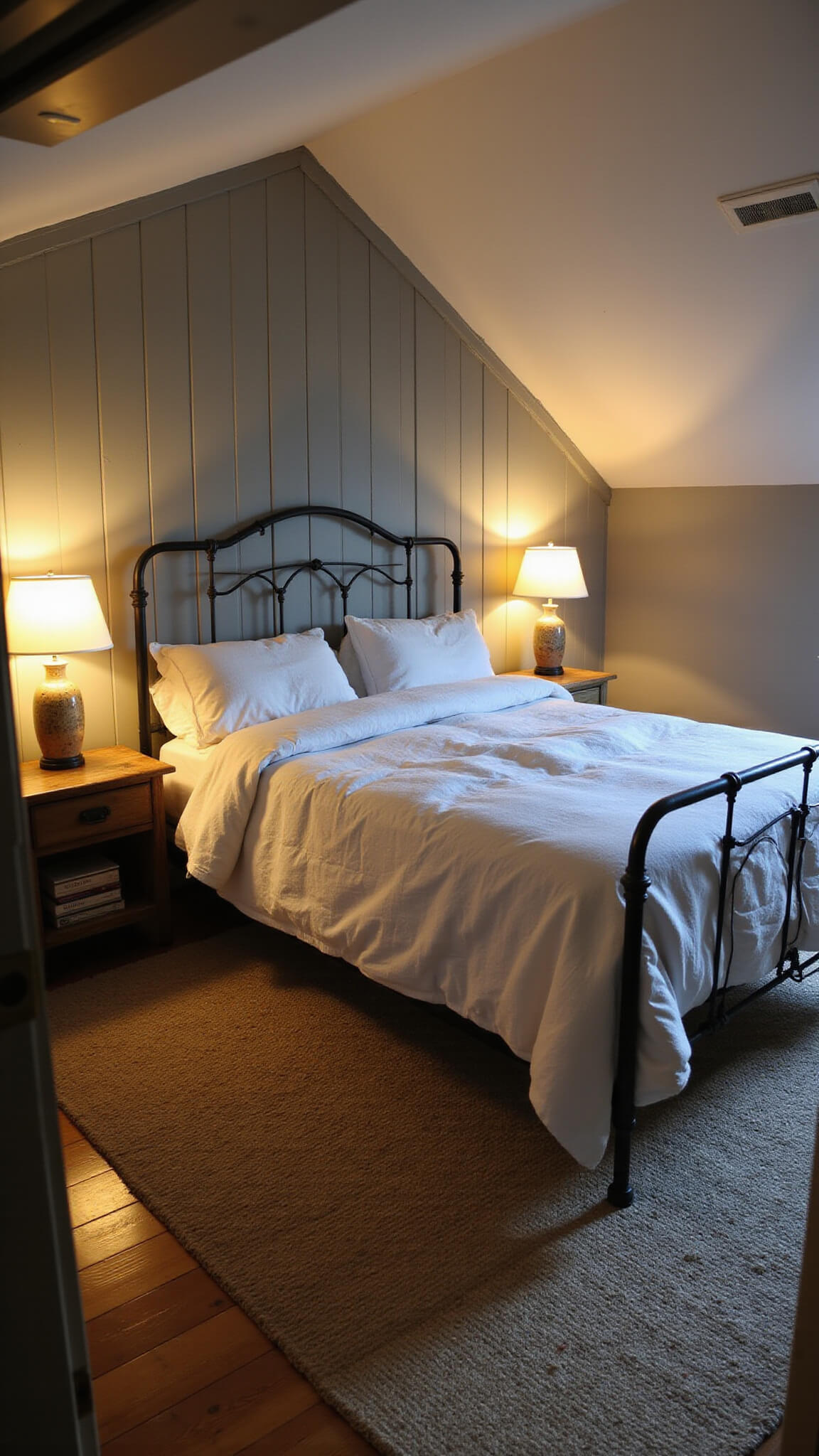 Cozy master bedroom with iron bed and rumpled linen bedding, gray board and batten accent wall, vintage kilim rug over seagrass, ceramic lamps on weathered bedside tables, warm ambient lighting at dusk.