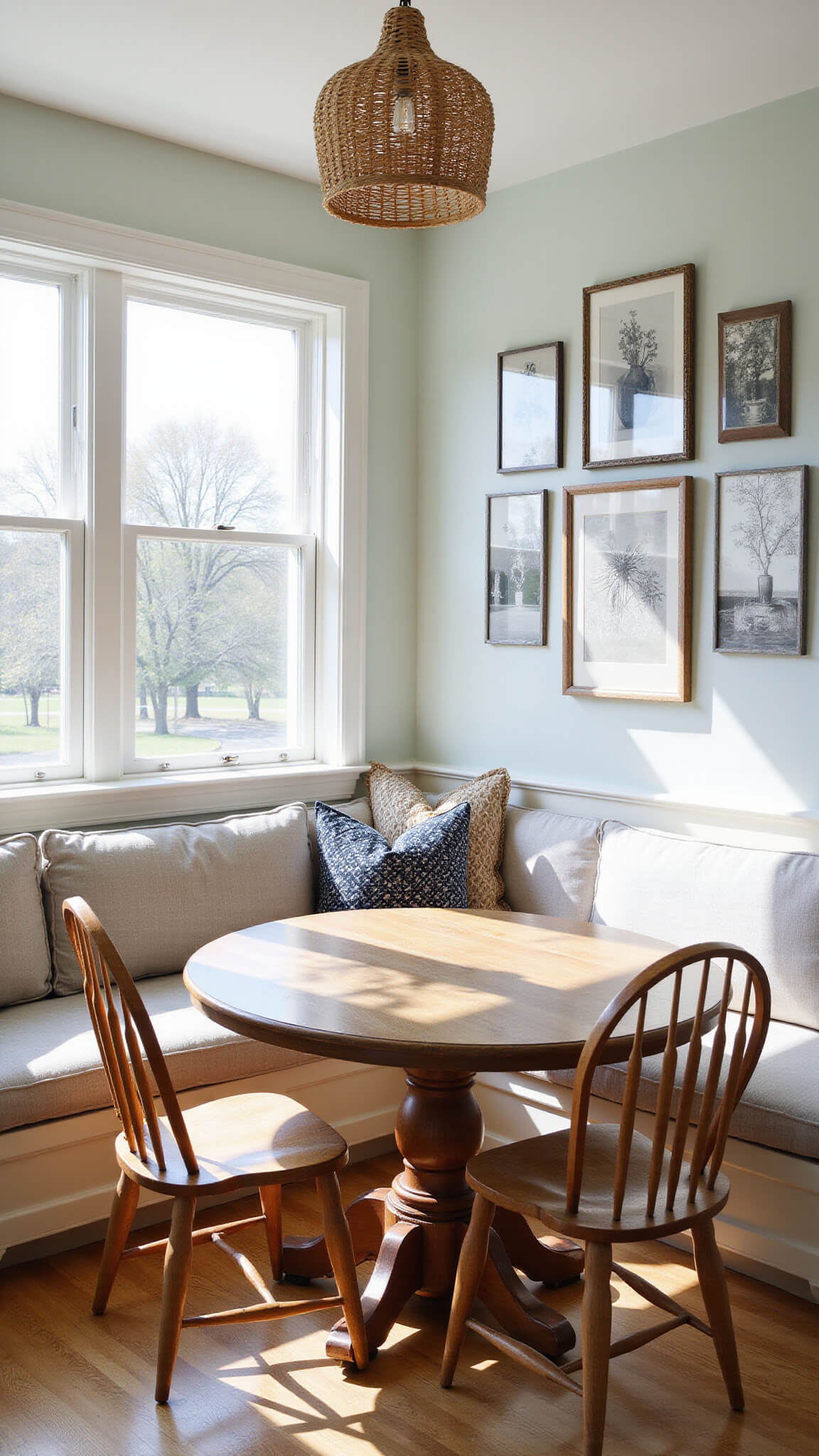 Sunlit breakfast nook with linen banquette, round oak table, Windsor chairs, woven pendant light, and farmhouse gallery wall.