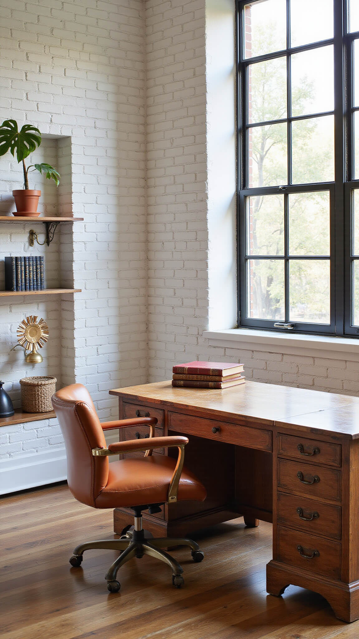 White-painted brick home office with reclaimed wood desk, leather chair, vintage books on open shelves, and fiddle leaf fig in warm afternoon light.