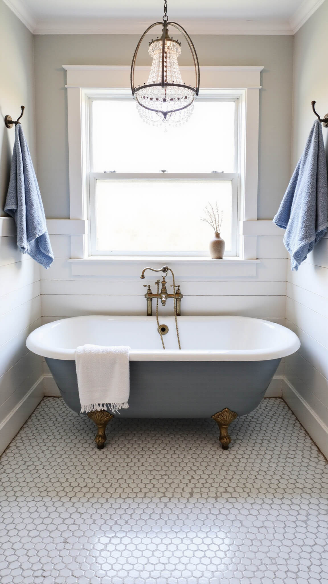 Farmhouse bathroom with white and gray hexagon tiles, freestanding cast iron tub, shiplap and subway tile walls, industrial hooks with blue Turkish towels, and a crystal chandelier under diffused natural light.