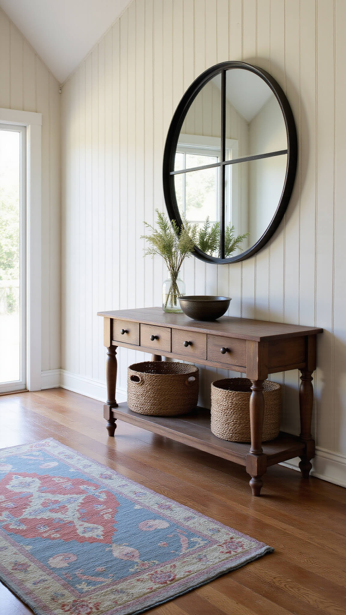 Welcoming entryway with board and batten walls, vintage blue and rust runner, wooden console, round black-framed mirror, and woven storage baskets in morning light.