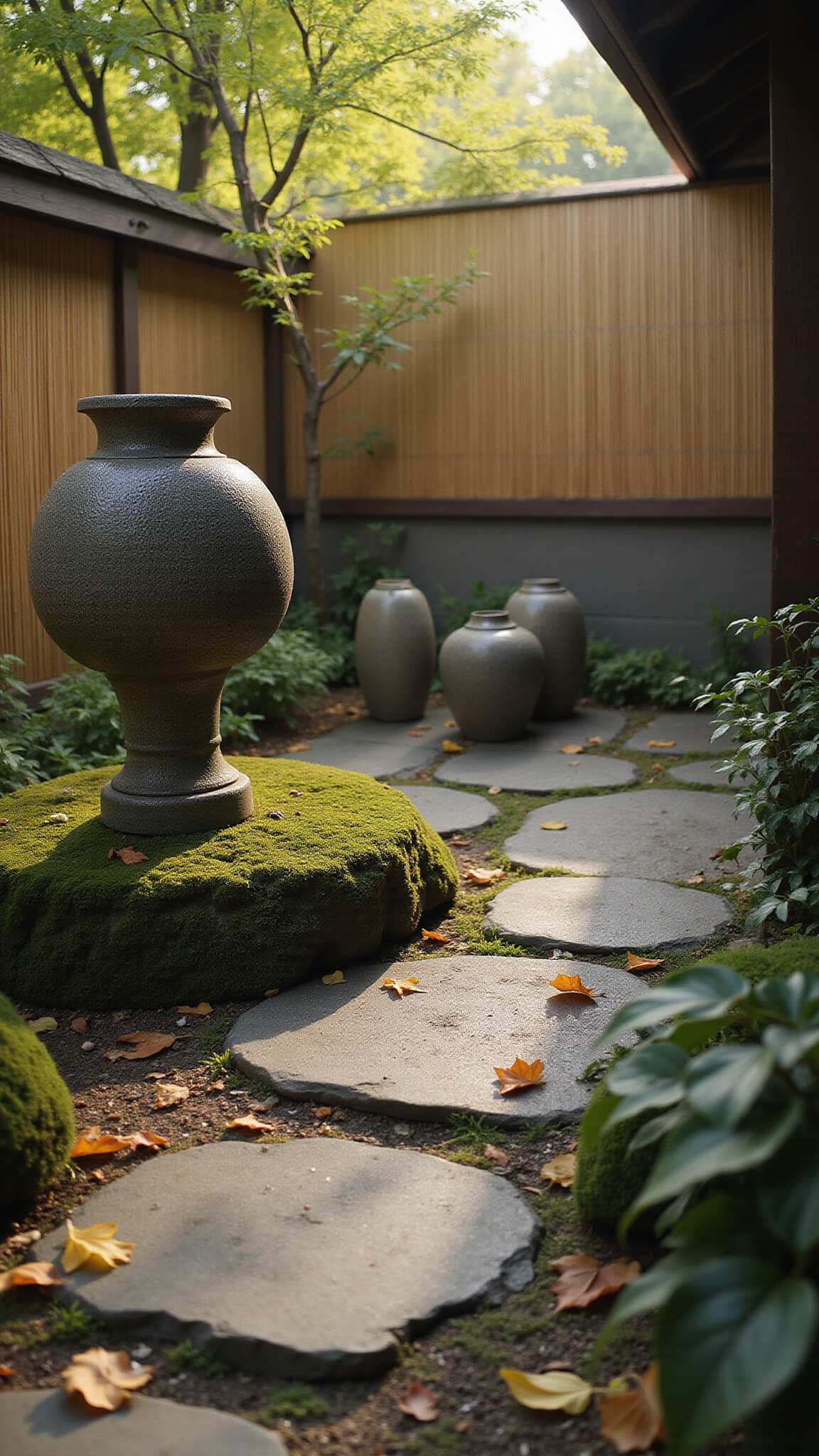 A serene Japanese-inspired garden at dawn with misty light, mossy stone lantern, dewy ceramic vessels, and scattered maple leaves on aged stepping stones.