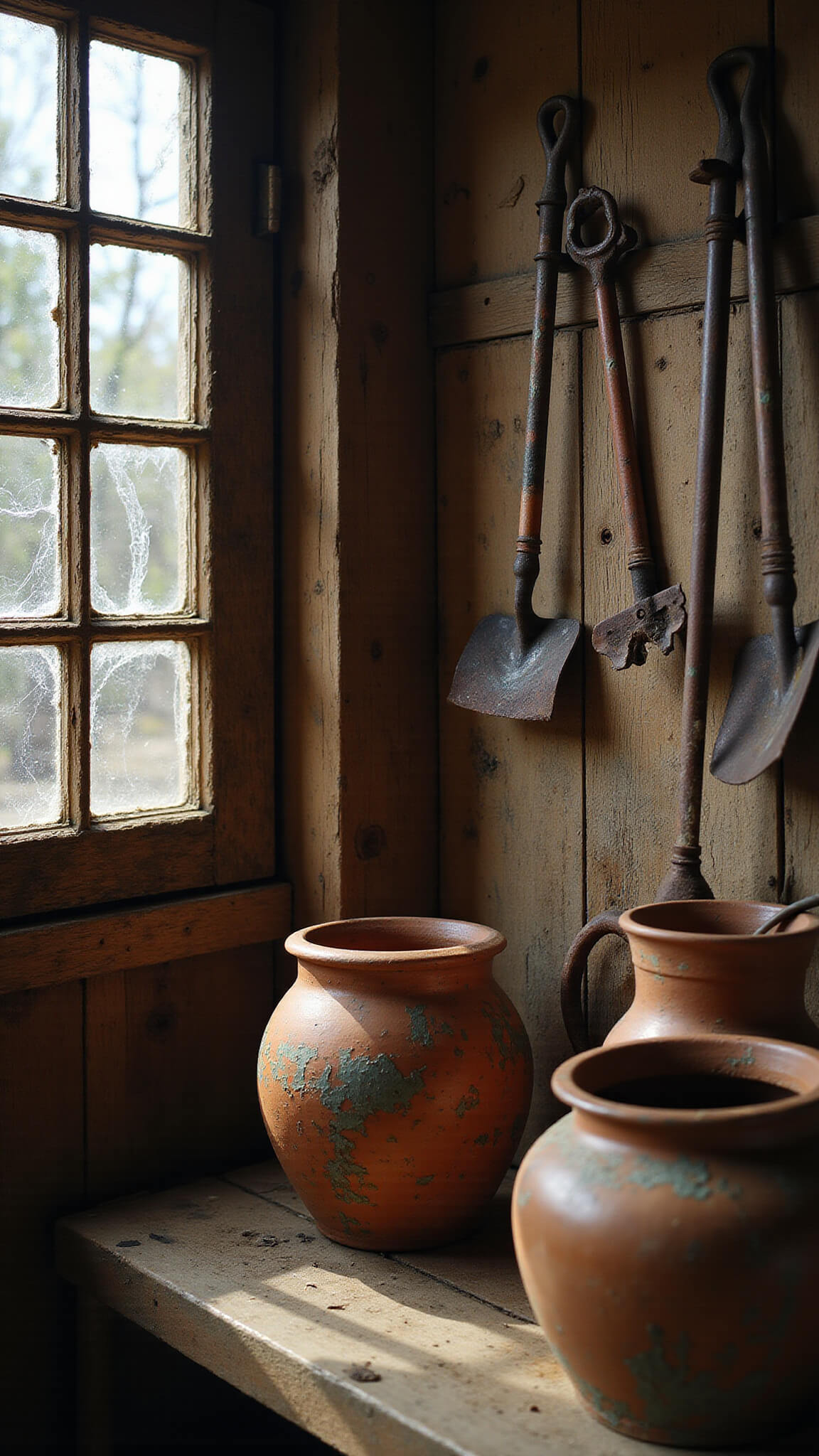 Interior of a rustic 8x10ft wooden garden shed with vintage rusted tools, cracked terracotta pots, and cobwebs lit by late afternoon sunlight through old windows.