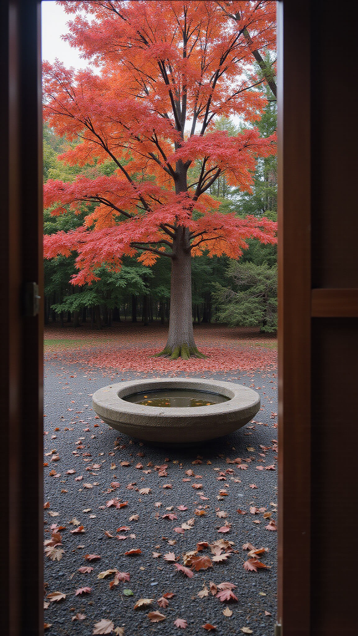 View through rain-speckled shoji screen onto a Japanese maple grove with crimson leaves on raked gravel, centered on a cracked stone basin reflecting overcast light; rich autumn tones of red, gray, and bronze.