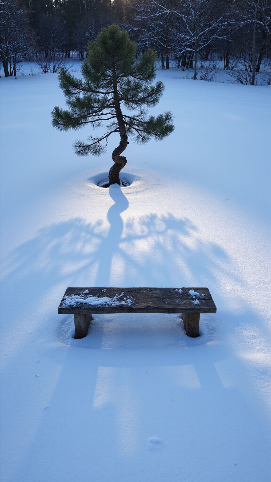 Snow-covered minimalist Zen garden at twilight with single twisted pine tree, weathered bench, and long shadows in a monochromatic blue palette.