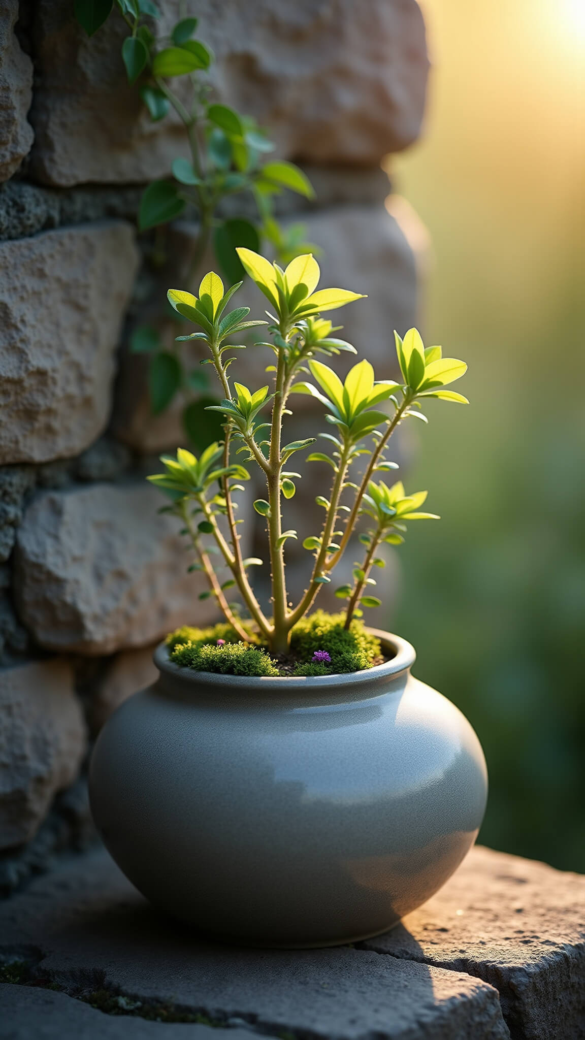 Close-up of tender green sprouts emerging from cracked pottery in a dewy garden corner at sunrise, with wisteria climbing an ancient stone wall in soft natural backlight.