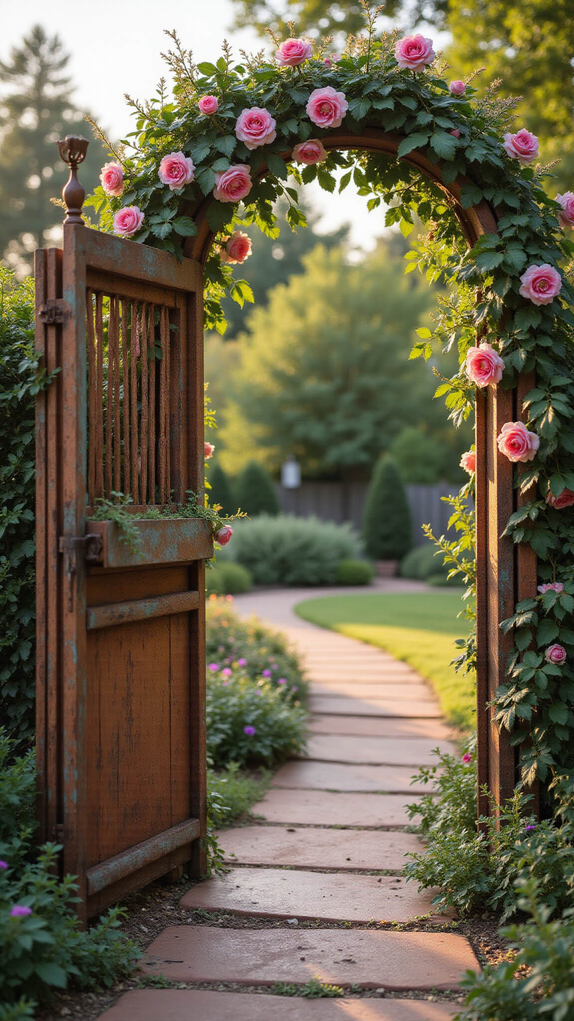 Weathered copper garden gates with climbing roses, terracotta path with thyme, and layered textures in warm golden hour light.